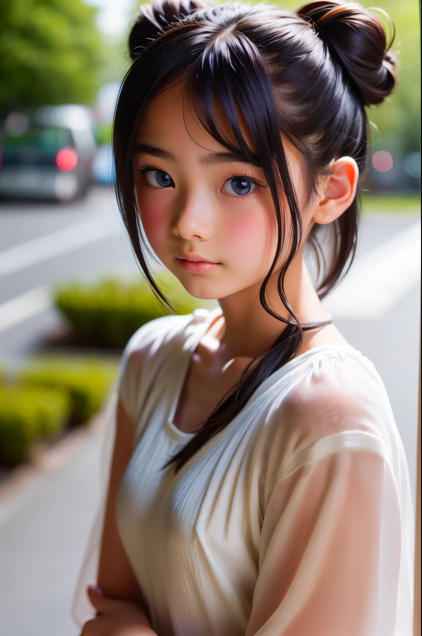 ((sfw: 1.4)), ((sfw, bun hair, sidelocks-hair, 1 Girl)), Ultra High Resolution, (Realistic: 1.4), RAW Photo, Best Quality, (Photorealistic Stick), Focus, Soft Light, ((15 years old)), ((Japanese)), (( (young face))), (surface), (depth of field), masterpiece, (realistic), woman, bangs, ((1 girl))