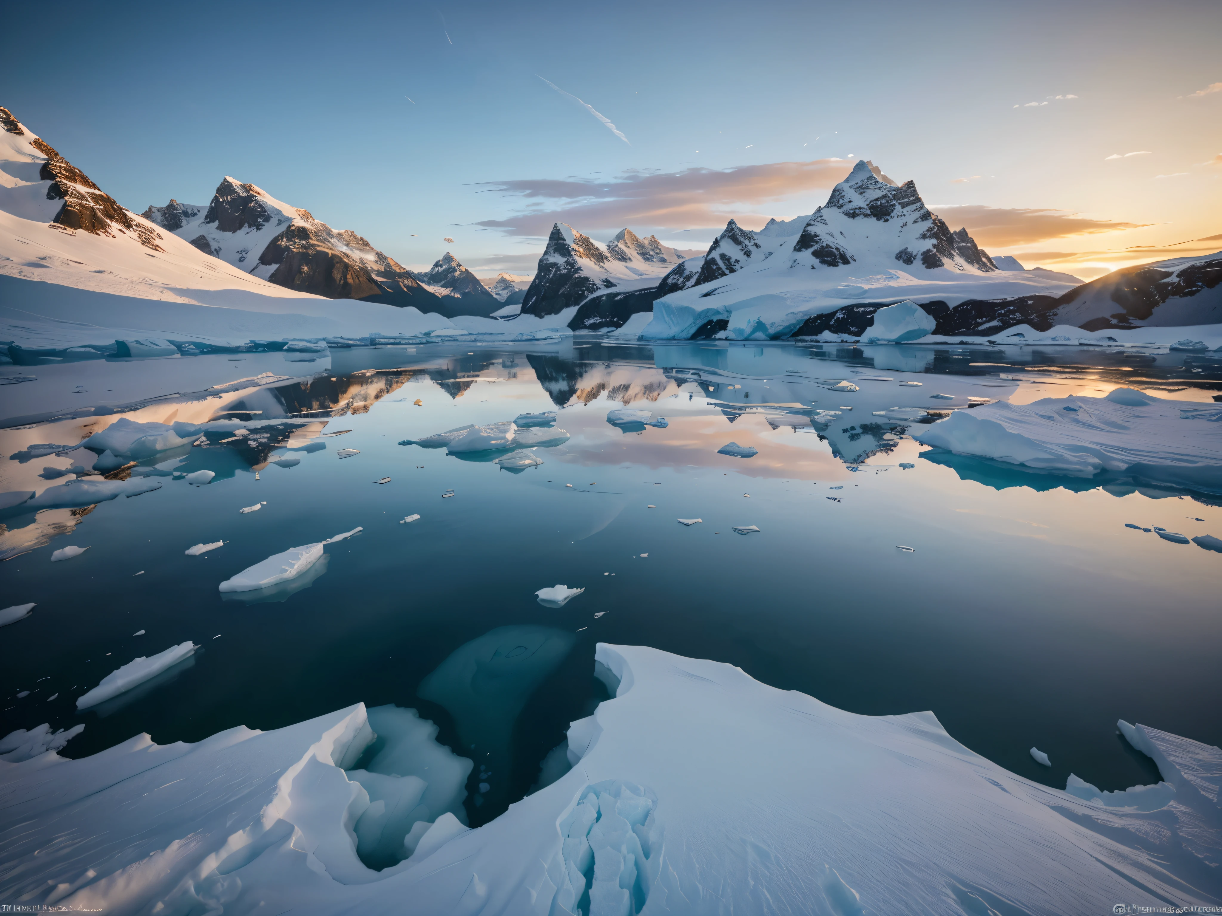 A breathtaking photorealistic cinematic landscape of a serene Antarctic scene at sunset. The image showcases massive icebergs floating in a tranquil lake, their surfaces reflecting the warm, golden light of the setting sun. The sky is filled with soft, pastel hues of pink and orange, while the surrounding snow-capped mountains create a sense of vast, untouched wilderness. The scene is rendered with incredible detail, capturing the beauty and pristine nature of the polar region.