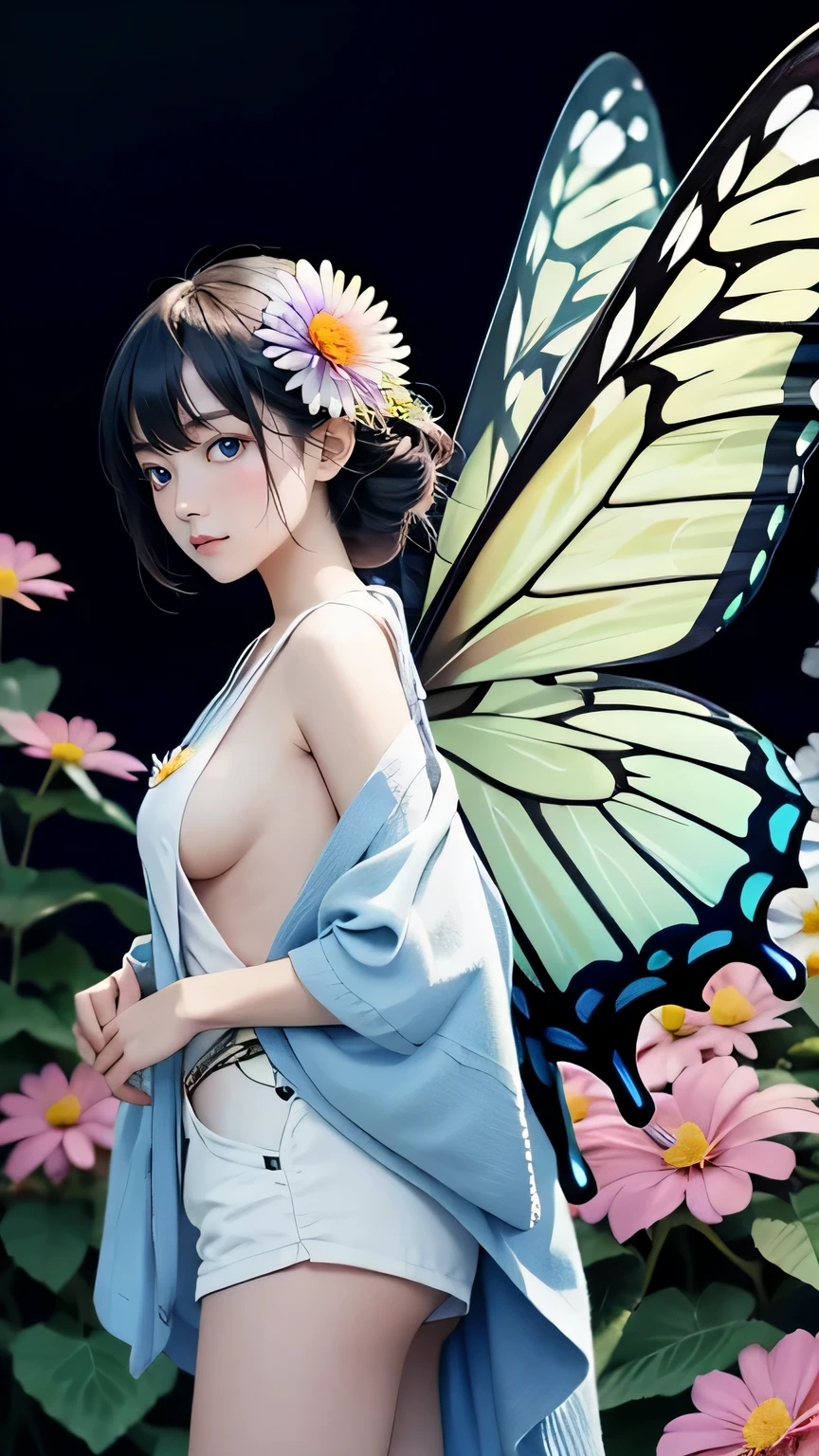 (((masterpiece))),((highest quality)),one beautiful japanese girl,pale, (A character that is a fusion of humans and butterflies.: 1.5), ((colorful)), (butterfly wings on the back: 1.5), (private server), (exposure of skin), (spread wings),(antenna)、(Background is a flower garden:1.5).(((from the front:1.5)))、(straight front: 1.5)