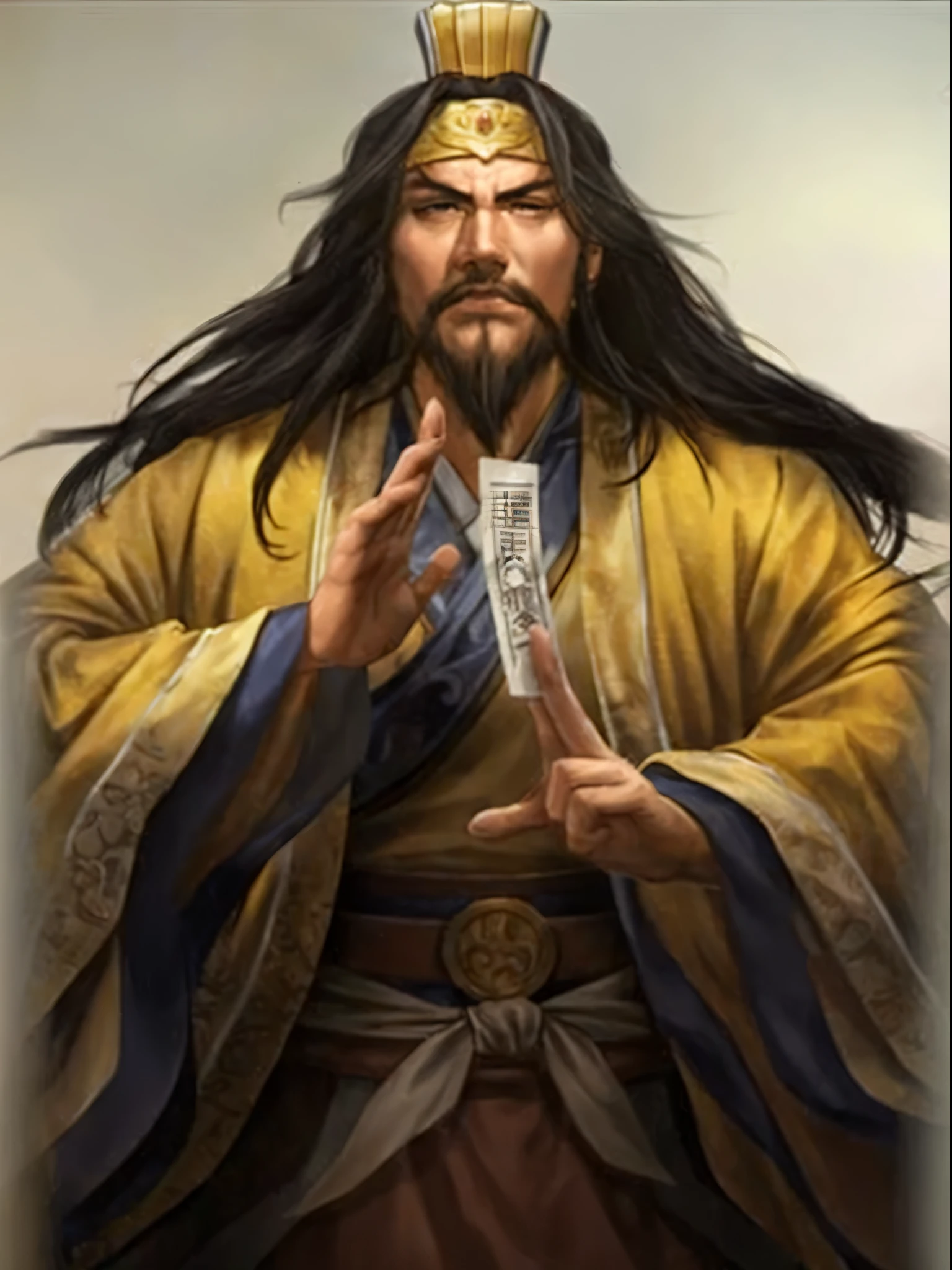 A painting of a long-haired man wearing a crown, inspired by Wu Daozi, Three Kingdoms of China, Inspired by Cao Zhibai, Inspired by Wu Bin, bian lian, Inspired by Hu Zaobin, hua cheng, Taoist priest, from the three kingdoms, inspired by Wu Zuoren, Guan yu, flowing hair and gown