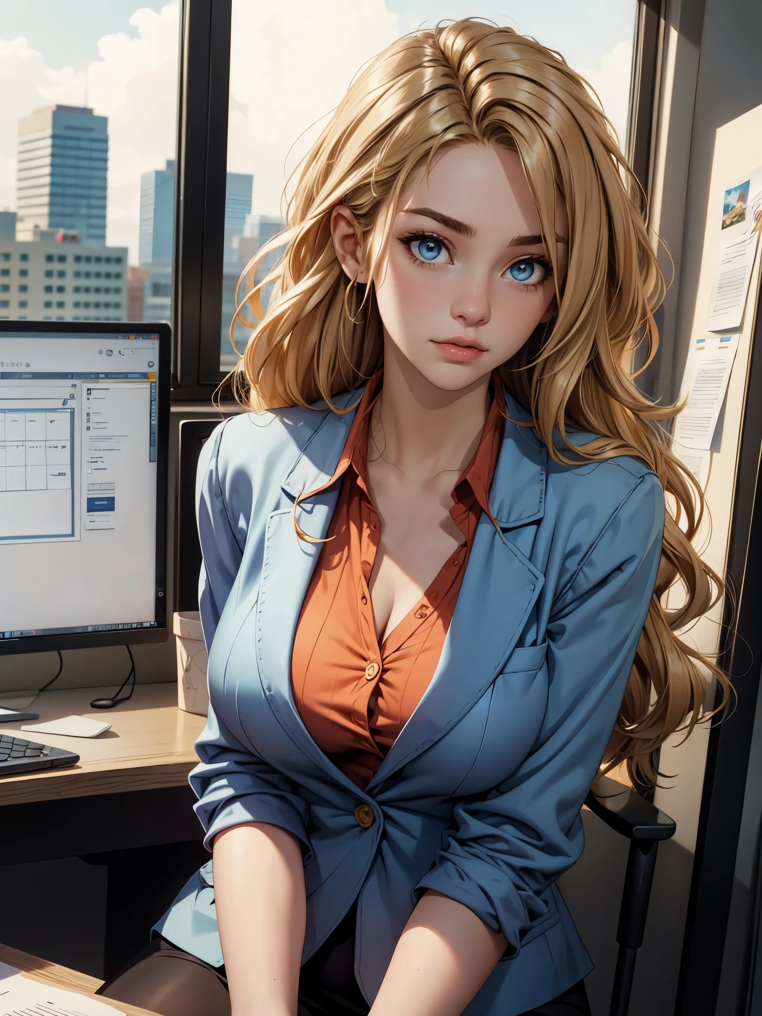 ()blonde woman,long blonde hair,wavy hair,(swept bang hair:1.2),light blue eyes,office worker,27 years old,light blue blazer,curvaceous body,big breast,cleavage,elegantly sitting on desk,in office,charming expression,(best quality,4k,8k,highres,masterpiece:1.2),ultra-detailed,professional,vivid colors,portraits, detailed office background, pc, windows
