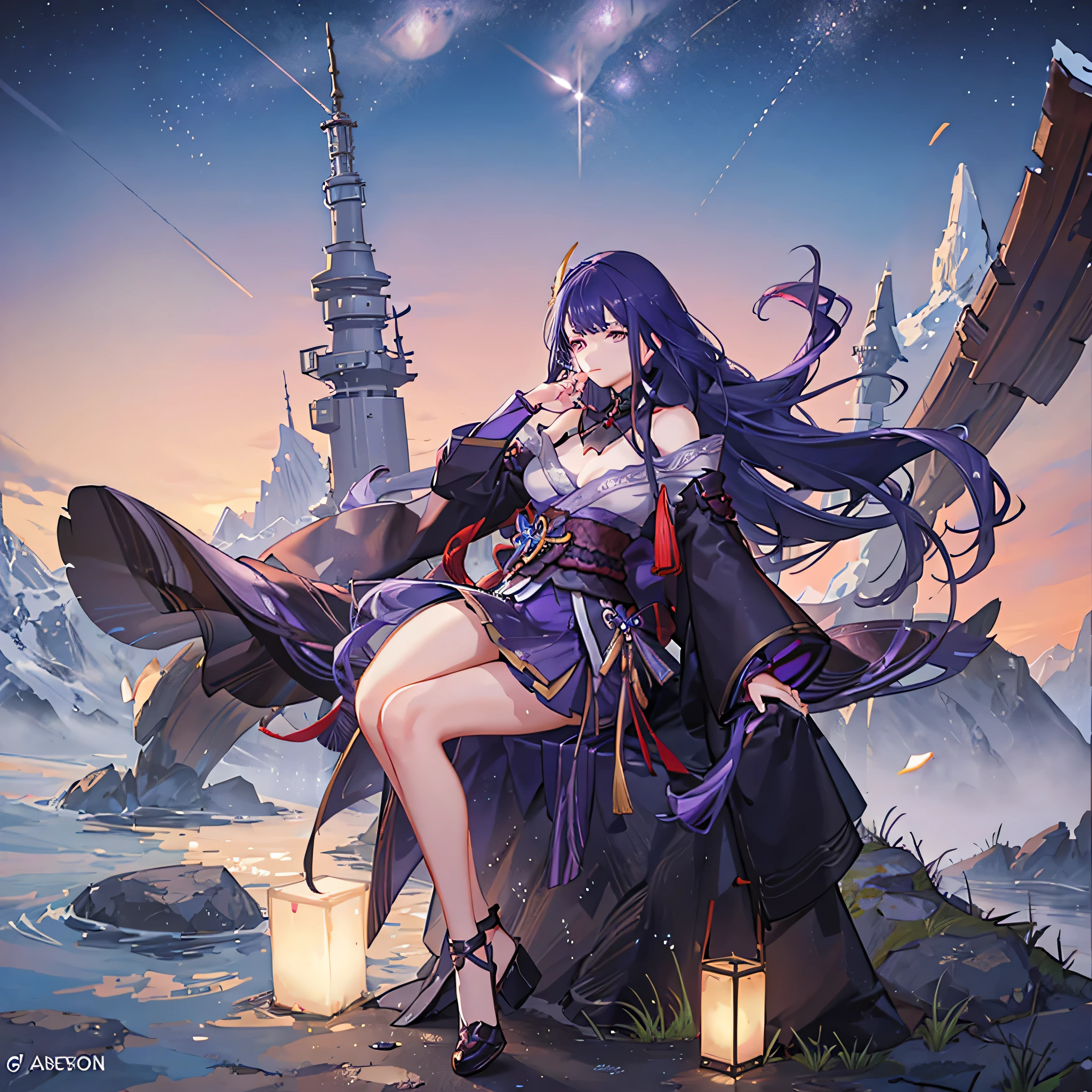 1 girl,genshin characters,Raiden Shogun,night sky,purple hair,braids,free pose,starry night,meteor shower,lake at the side o mountain,facing backwards,hdr,high definition,purple eyes,raiden shogun kemono,gold shootinh star,4k