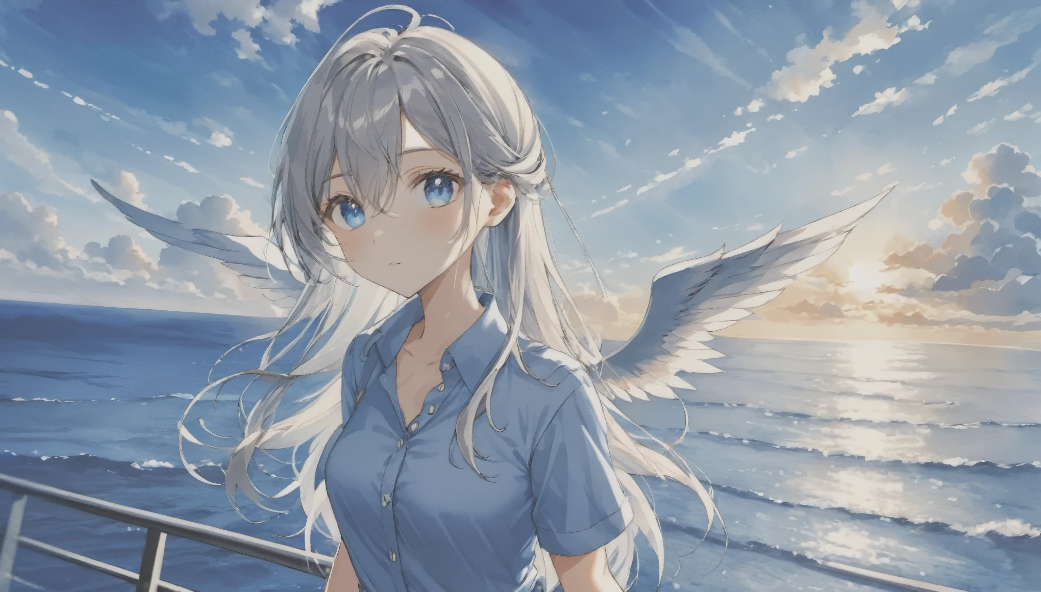 azure sky, girl, longhair, silver hair, blue eyes, business shirt, watercolor, colorful, wing, blue sky, sky above, midair, horizon, sea, ray tracing, ultra detailed, perfect eyes, 8k, master piece