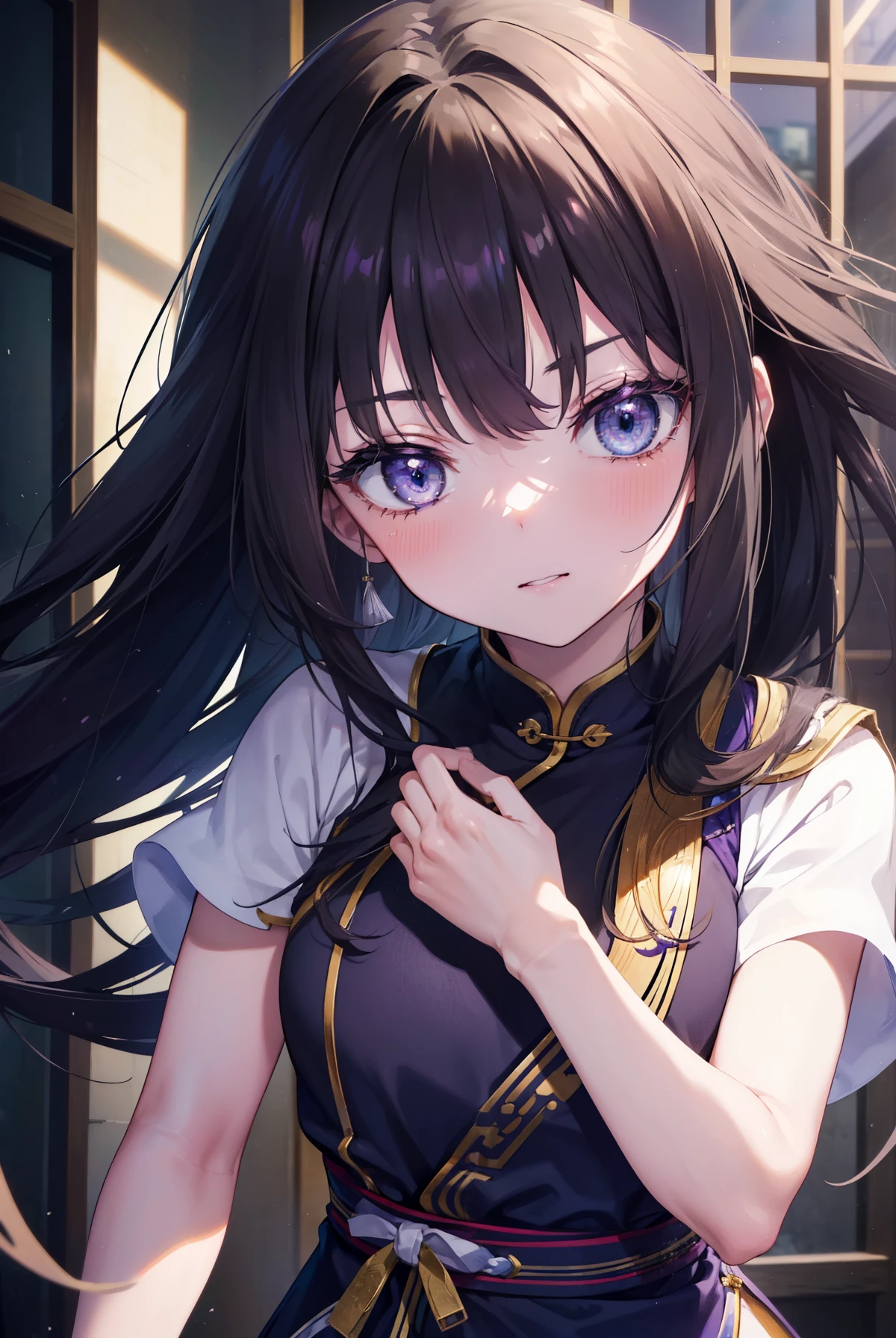 Takiuchi Kame, check it out, long hair, bangs, black hair, (purple eyes:1.2),serious,smile,blush,open your mouth,blue cheongsam,blue china slit,黒パンティストッキング
break oudoors, In town、路地裏
break looking at viewer, (cowboy shot:1.5),
break (masterpiece:1.2), highest quality, High resolution, unity 8k wallpaper, (figure:0.8), (detailed and beautiful eyes:1.6), highly detailed face, perfect lighting, Very detailed CG, (perfect hands, perfect anatomy),