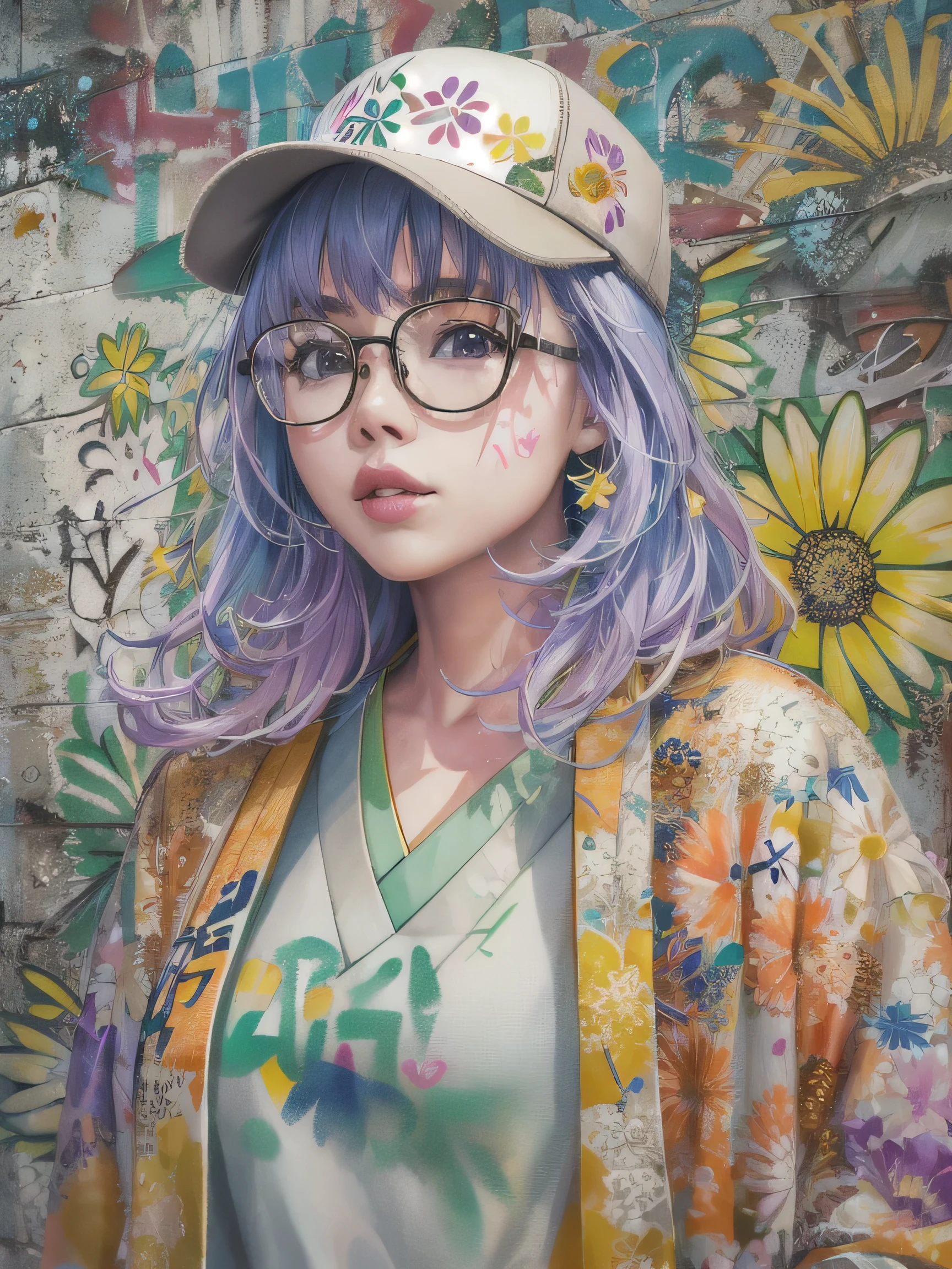 8K quality, watercolor painting, stylish design, (((The strongest beautiful girl of all time))), (((Japanese)))、Idol、Yuriko Yoshitaka、clear, stylish glasses, Fashionable hats, (((highest quality))), bob hair, put your hand on the wall, HDR, ((Detailed details)), stylish fashion, detailed clothing texture, (((graffiti art))), colorful hair, ((masterpiece))、((Super detailed))、colorful flowers