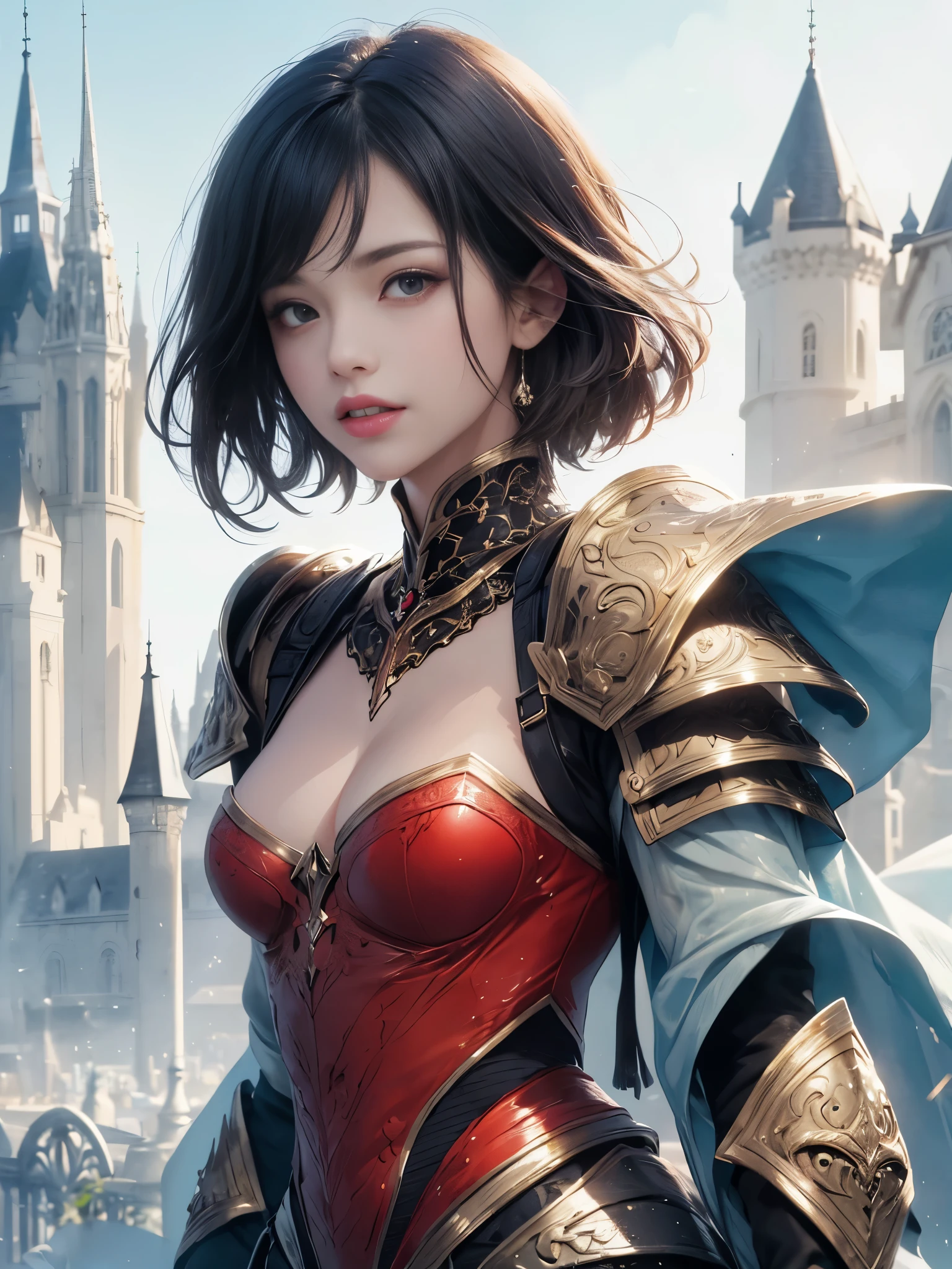 (((Best Quality))), ((Ultra-detailed)), (extremely detailed photo), ((extremely delicate and beautiful)),(Cute delicate face), ((masterpiece)), perfect ???????, intricate, (highly detailed), masterpiece, photorealistic, (A tall and 13 years old cool girl),(vermilion and black armor:1.3), ((Castle town)) ,(upper body),(holding glowing sword),alone,(black hair and short hair), looking at viewer, double eyelid,delicate skin,slender body shape,