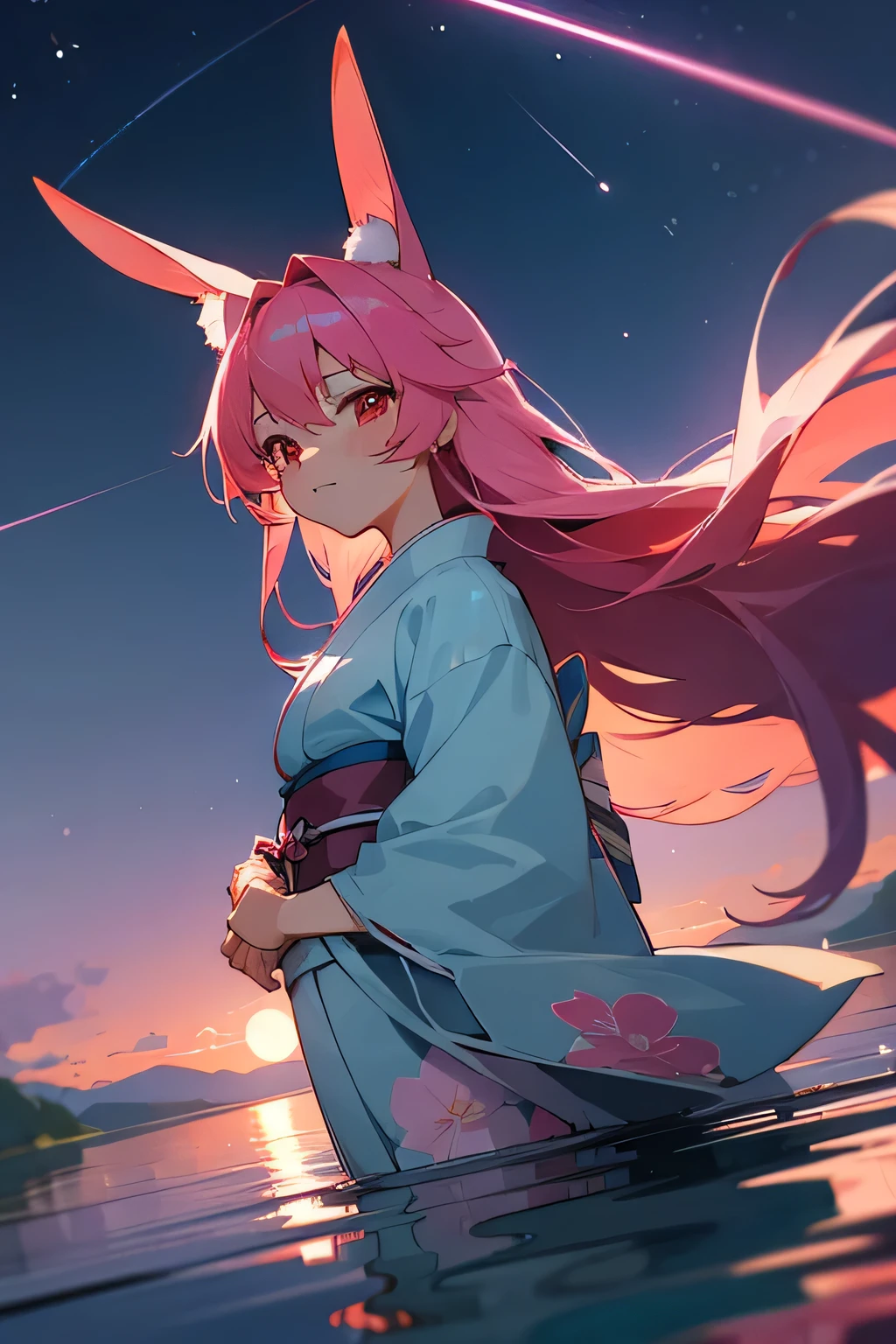 (((masterpiece, scenery, lake))), reflection, aesthetic, 1girl, beautiful, ((light blue kimono)), (red eyes, vibrant pink long hair), tsundere, (bunny ears), (close-up angle), night sky, (moonlight), shooting star, girl looking at viewer, tori gates in distance, more_details:-1, more_details:0, more_details:0.5, more_details:1, more_details:1.5,