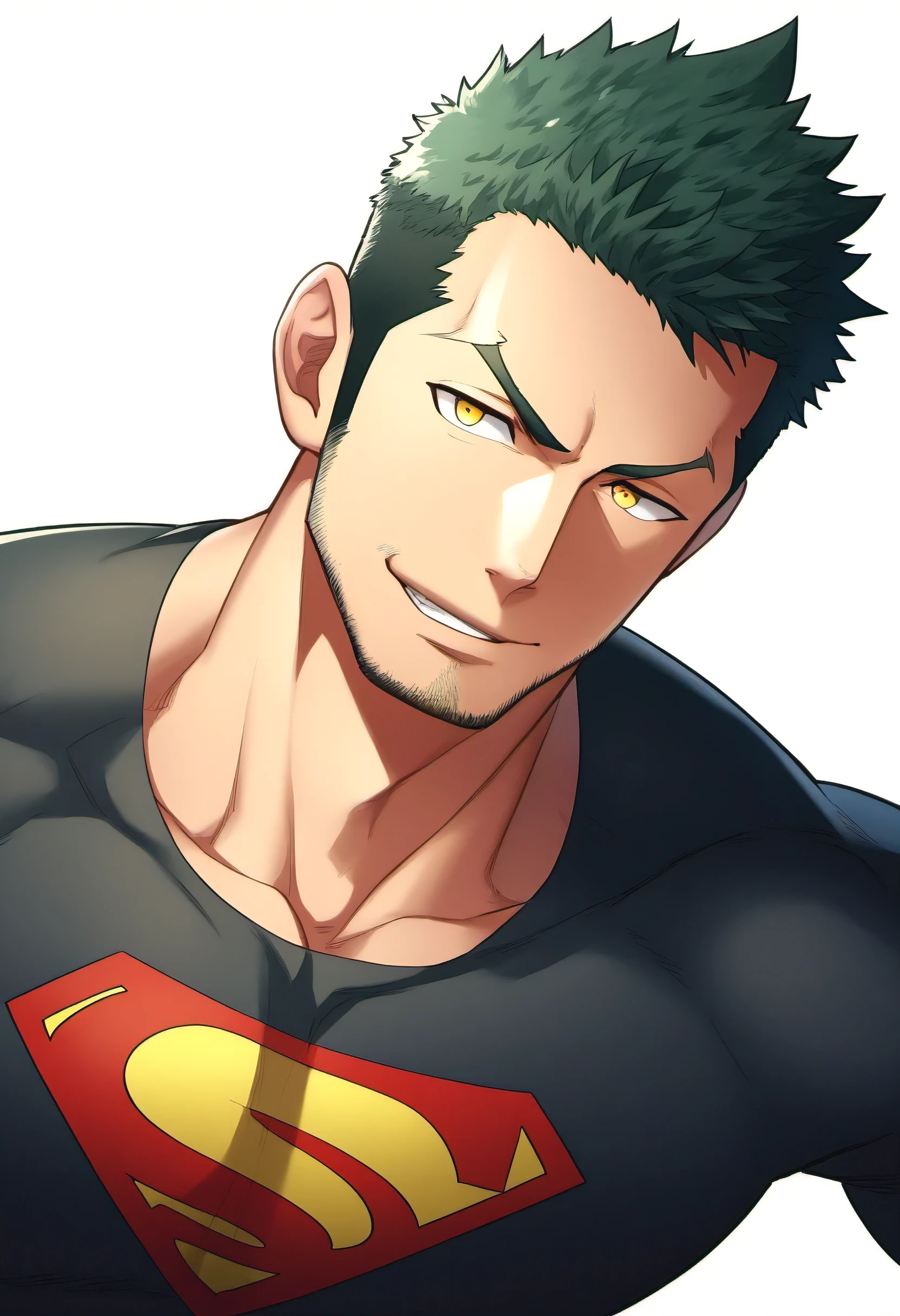 anime characters：Guy, priapus, 1个年轻的muscular man, male focus, Sporty black headband, Black Turtleneck Superman Tight T-Shirt, superman logo, muscular man, extra large breasts, only, Upper body, alone, short yellow hair, stubble, yellow eyes, blink, White background, Simple background, amazing quality, best aesthetics, ridiculous, bright pupils, short hair, naughty face, torogao, open lips, best quality