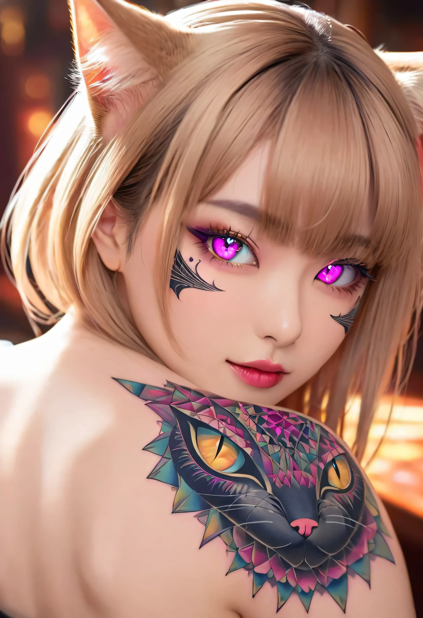 masterpiece, highest quality,ultra high definition mafia girl, （cute cat tattoo on back）, alone, looking at the viewer, Beautiful shining eyes、portrait,  colored sclera,、Zendangle、fractal art、