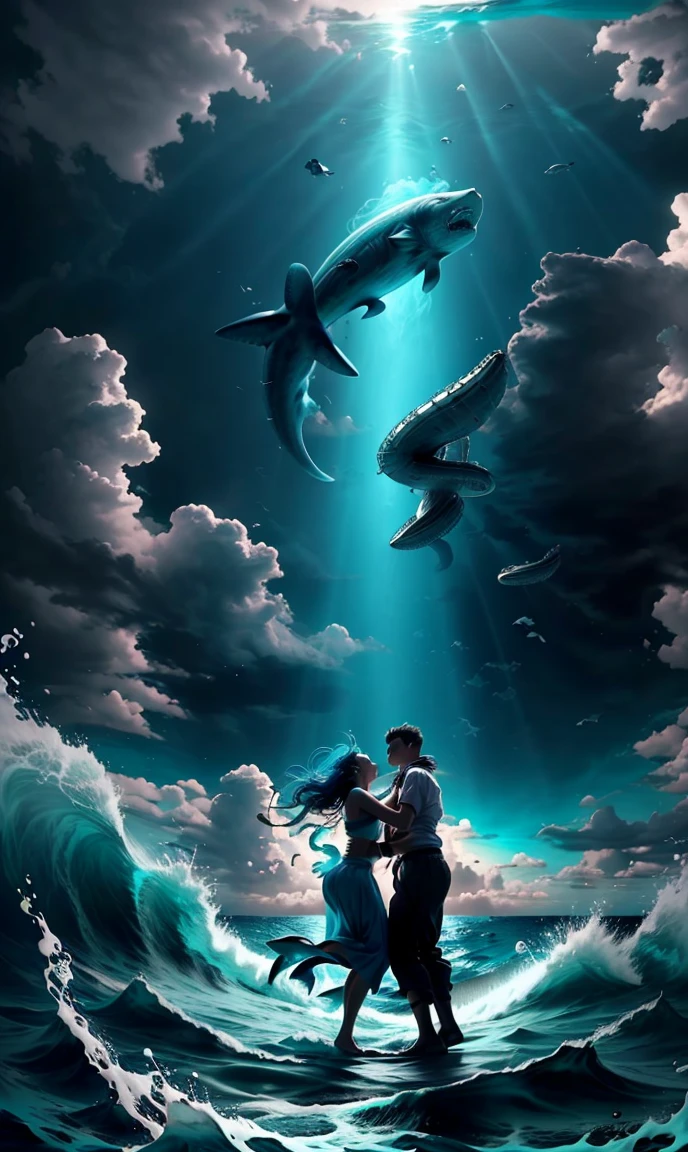 Dancing people, people dancing on the sea,(epic ocean :1.5),, , People enjoy dancing, ((wind effect)),,(mythical atmosphere),Light penetrates the clouds, magnificient clouds, blue theme, epic ocean,