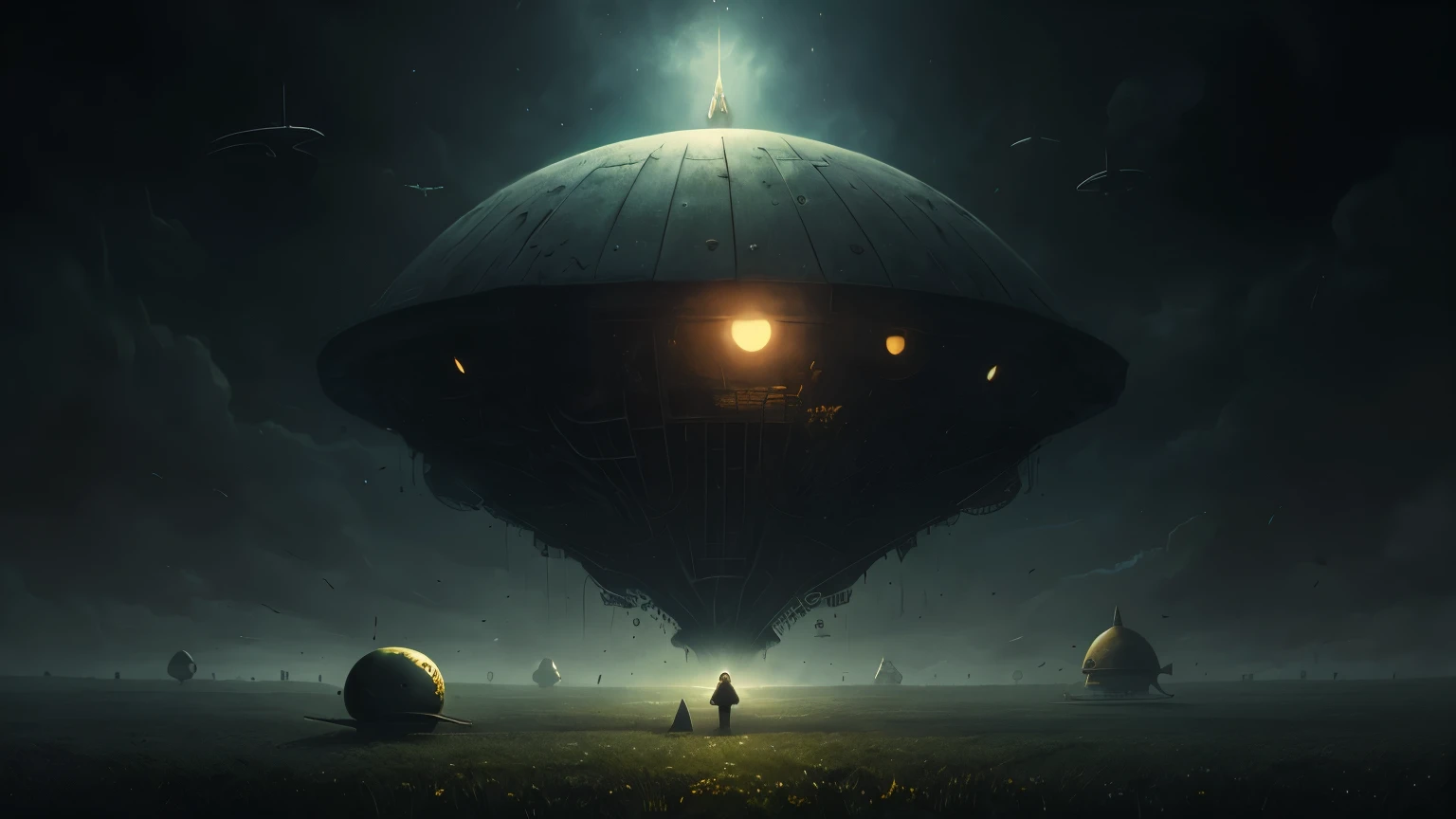a strange shapeless alien spaceship floating over the fields and meadows, Rhizome, detailed sharp focus fantasy, imperial colors, by Hieronymus Bosch, Nicoletta Ceccoli, Jean Baptiste Monge, Paul Delaroche, Stephen Gammell, Sherry Akrami, surreal mysterious atmosphere, by moebiuss, Anton Semenov, Personajes de Maquinarium, Pupilas dot, Tres ojos, Seis de Little Nightmares, sonrisas espeluznantes, Somber, por Yi Inmun, por Tadeusz Brzozowski