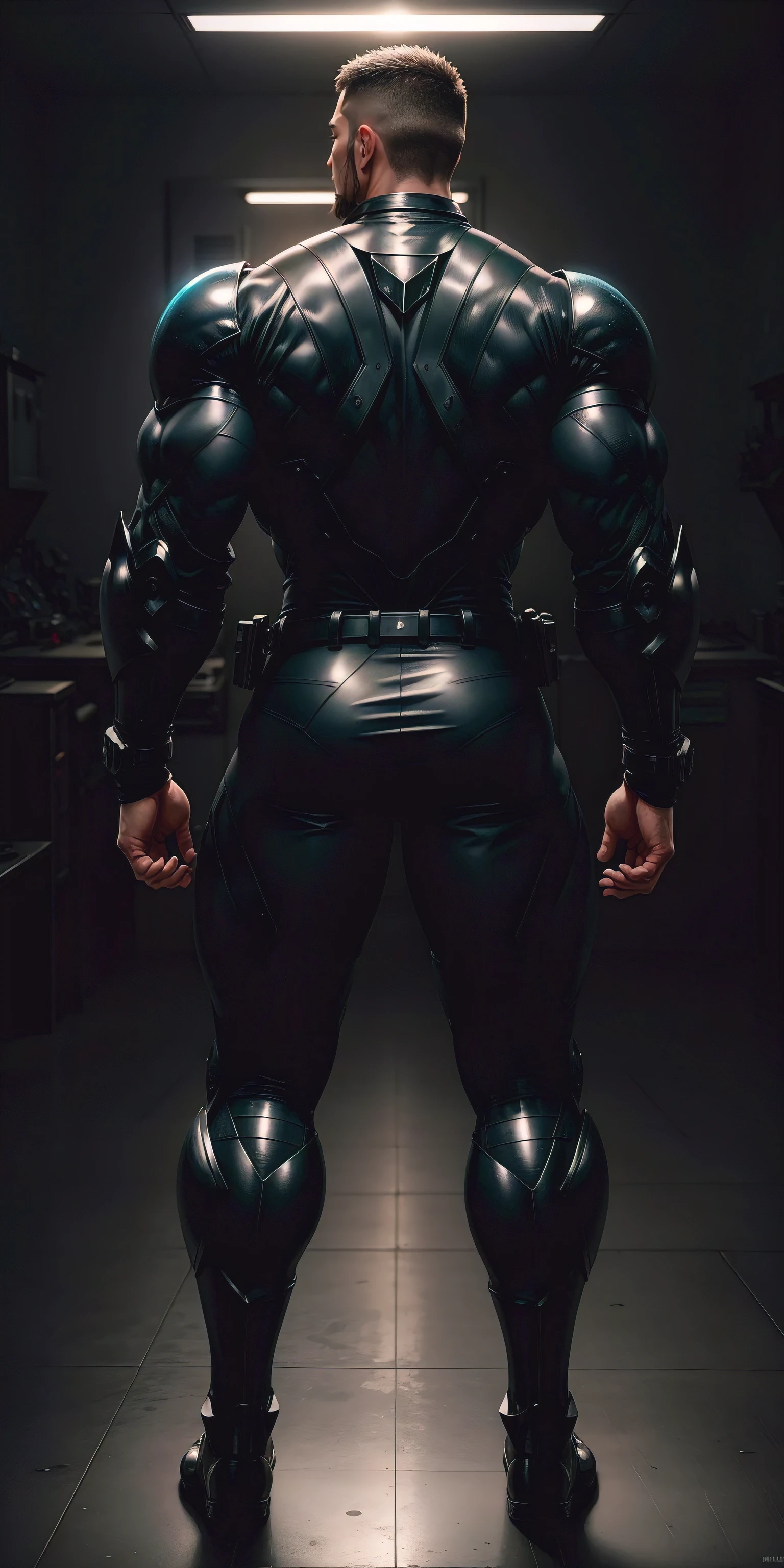 特别High背影, huge, and muscular police officer,Bright black mesh nano-mecha,Archangel Aurora Mechanical Wings,round ass,Highlights,character concept(Resident Evil - chris redfield,chris redfield)senior police officer,small grid texture,regular symmetrical texture pattern,A sad expression,Deep and charming eyes,Standing in bright mechanical laboratory,Emerald Eyes Hero,heroic male pose,高大burly,muscular!Charming leg muscles,High, burly, Heqiang, Super gain and cool, high resolution committee, Big feet in shiny black ultra-thin nanomechanical boots,Charming strong man,The bright sunshine is shining on you,matte particles,shiny texture