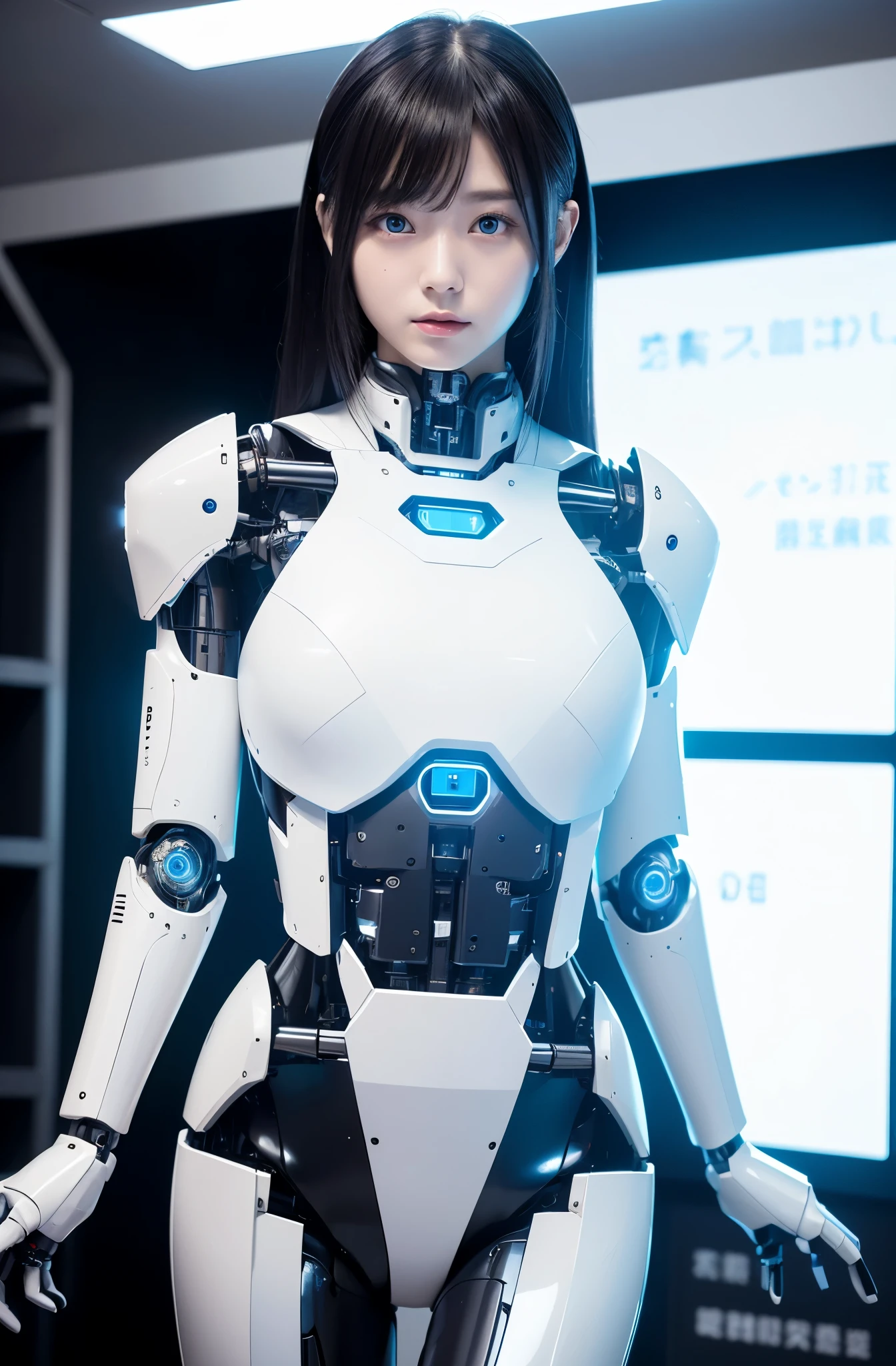  masterpiece,8K Portrait,Japanese android girl,Plump , announcer,control panels,android,Droid,Mechanical Hand, ,Robot arms and legs, Black hair,Mechanical body,Blunt bangs,White Robotics Parts,perfect robot woman,Charging spot,Long Tube,android,robot humanoid,a bit  Chubby,pantiy,complete eyes,Perfect machine body,White robot body,The laboratory of the future,android factory,White and light blue uniform,light blue accent costume,blue eyes