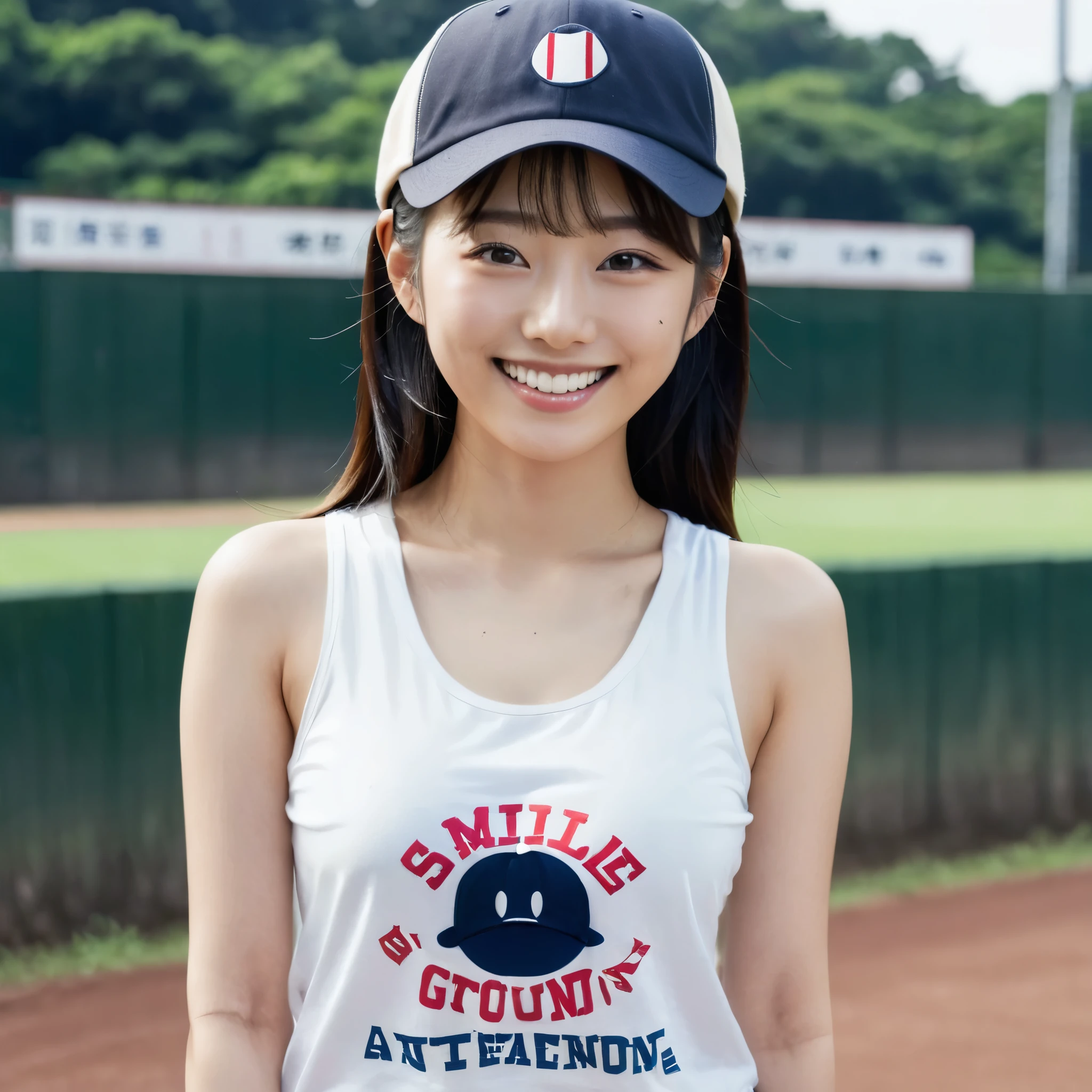 japanese woman、19 years old、baseball cap、Plain tank top、smile、baseball Ground