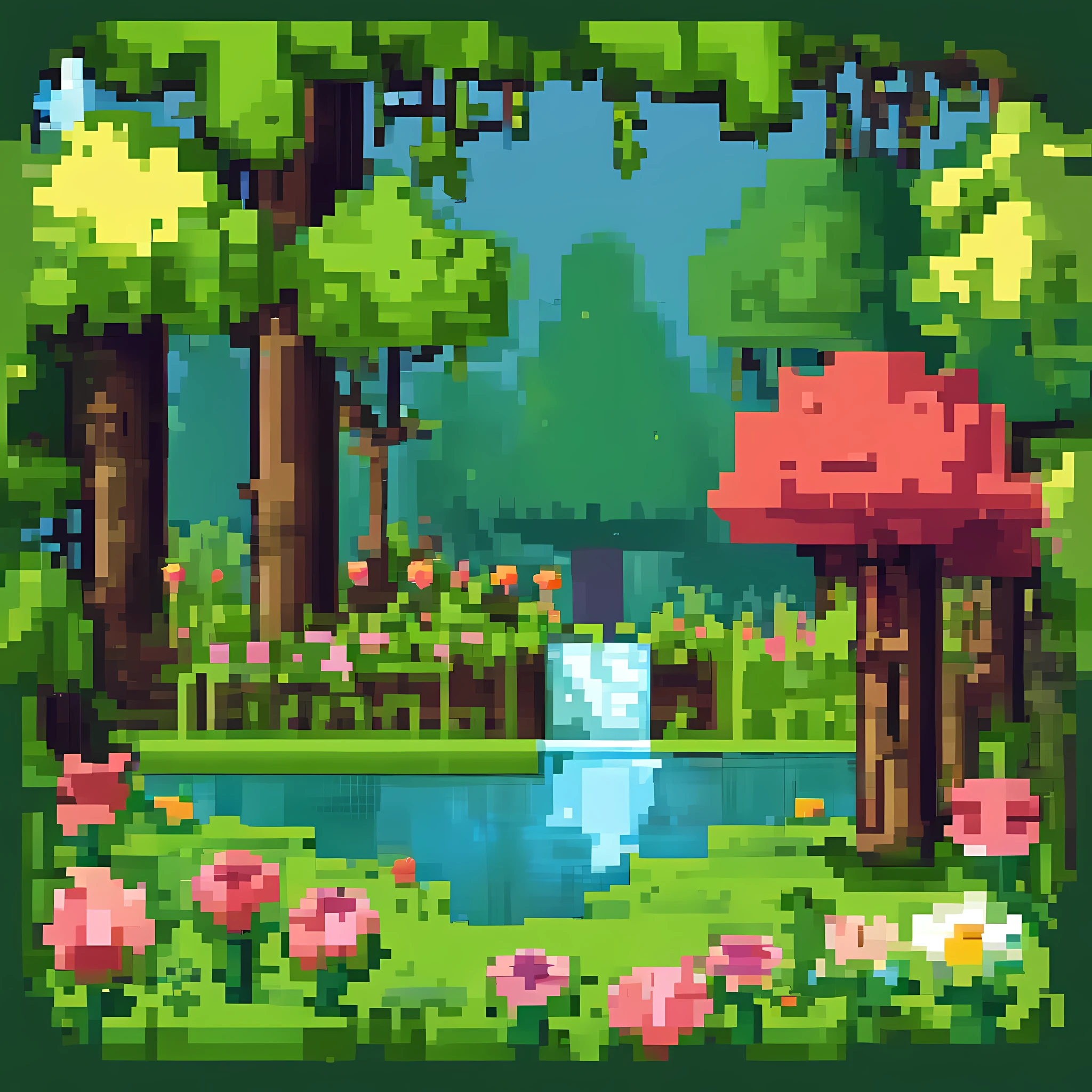 forest scene, There are trees and flowers