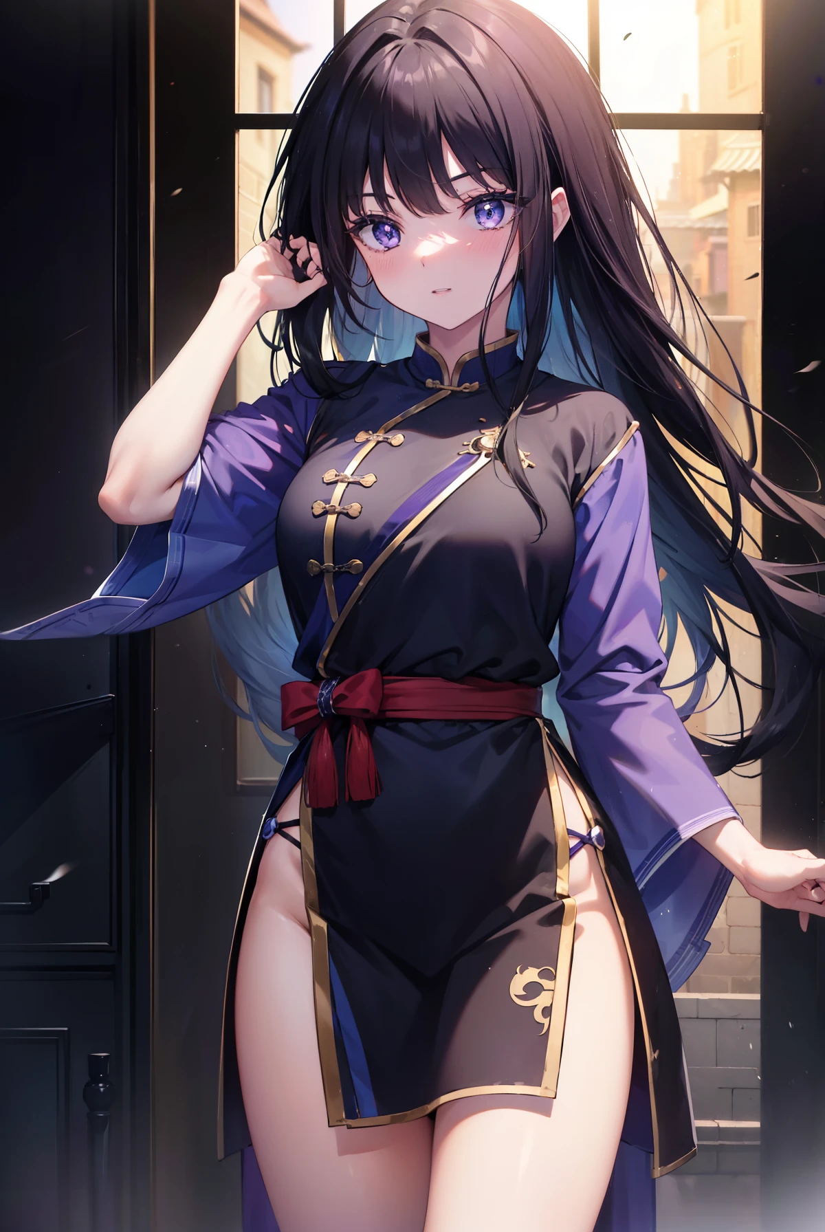 Takiuchi Kame, check it out, long hair, bangs, black hair, (purple eyes:1.2),serious,smile,blush,open your mouth,blue cheongsam,blue china slit,黒パンティストッキング
break oudoors, In town、路地裏
break looking at viewer, (cowboy shot:1.5),
break (masterpiece:1.2), highest quality, High resolution, unity 8k wallpaper, (figure:0.8), (detailed and beautiful eyes:1.6), highly detailed face, perfect lighting, Very detailed CG, (perfect hands, perfect anatomy),