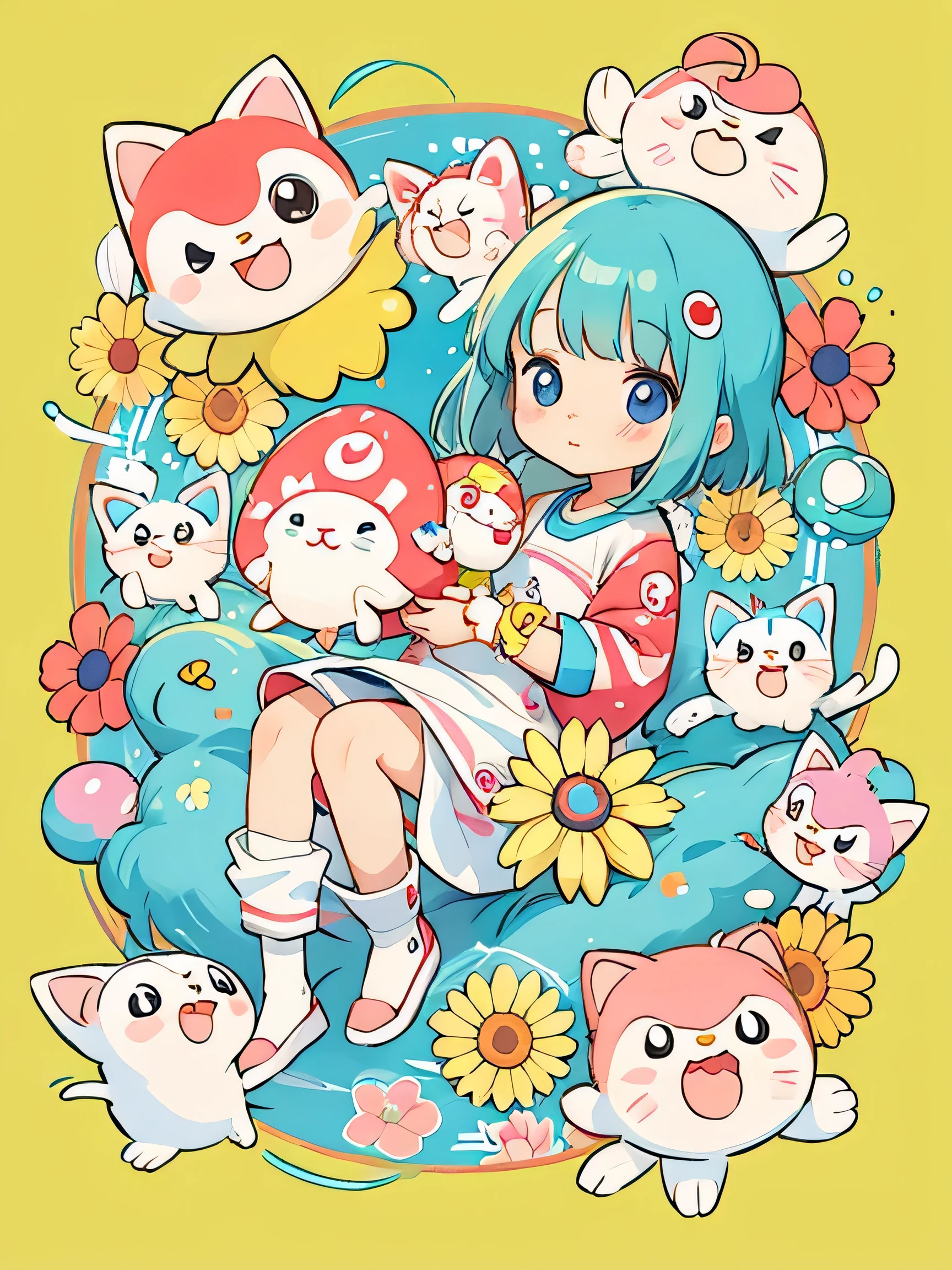 Takashi Murakami style, Kawaii Design, lovely kitten, beautiful spring afternoon