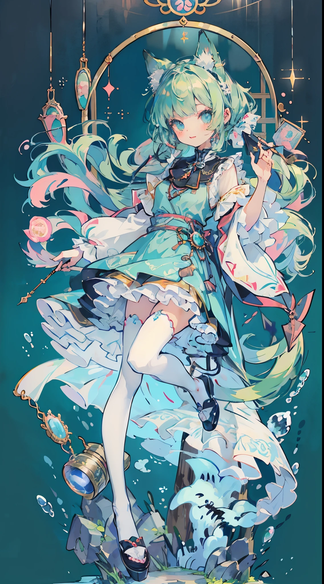 ((table top, highest quality: 1.1), ((Anime girl in a blue dress with a magic wand)), art nouveau、Anime cat girl wearing a maid costume, , ((Green hairs))、long haired person、((Eyes that shine like jewels, long eyelashes, and a sense of transparency))、Very Beautiful Anime cat girl, アニメcat girl, ((white knee highs)), 魅力的なcat girl, I&#39;m at the candy store,Inspired by Leiko Ikemura, Aya Takano color style, in ryuuou no oshigoto art style, cat girl, Character you admire, rei hiroe、Smiling