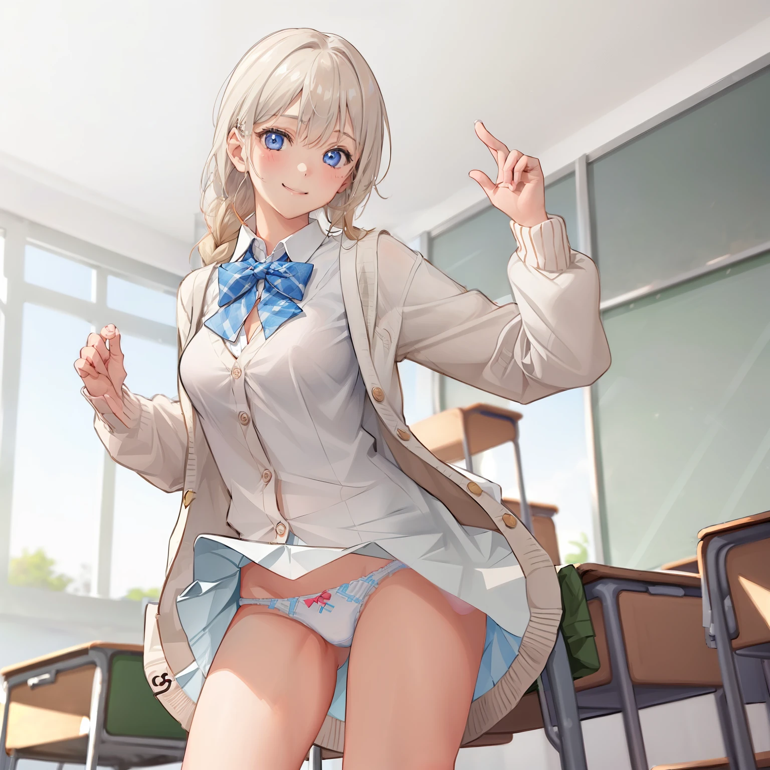 ((1 girl:1.5))、(smile:1.5)、small breasts、(cowboy shot)、(fun!!)、(white cardigan:1.5)、(blonde)、blush、(single braid)、(eye highlights:1.3)、blake black shoes,(チェック柄のskirt:1.5)、bow, button, shirt with collar, long sleeve, ((red bow tie, ,, white shirt, チェック柄のskirt、white socks)),, shirt,, skirt, socks, thighs, white shirt, Rest indoors, ((classroom:1.5))、 BREAK while watching the audience、 (perfect hands, perfect anatomy),cowboy shot、(skirtlift:1.3),(highly detailed white panties:1.3)、(highly detailed panties:1.3)、、(skirt that rolls up:1.3)、(fully exposed panties:1.5)、blue eyes