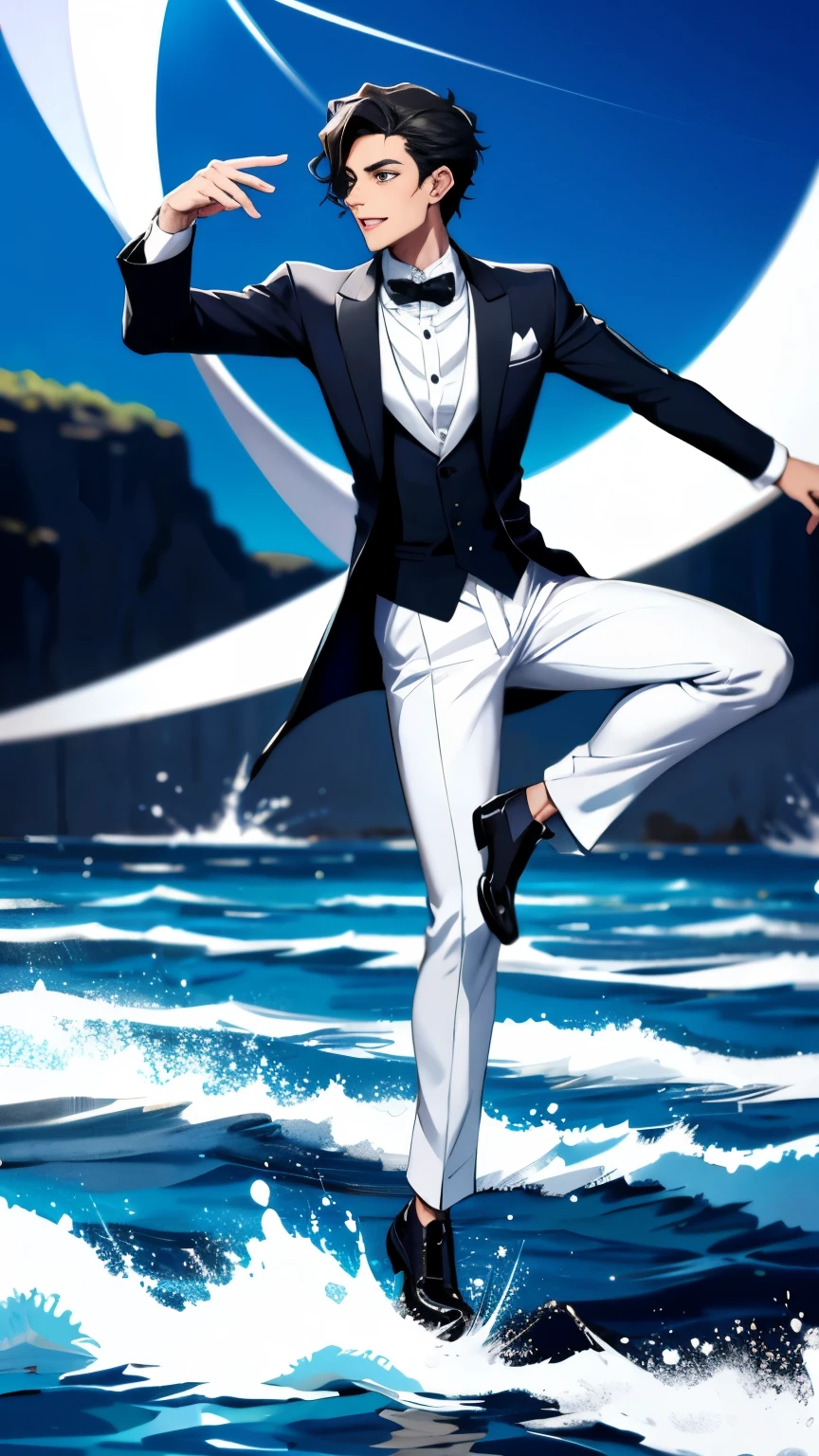 A handsome dancer wearing a tuxedo and dancing on the surface of the sea