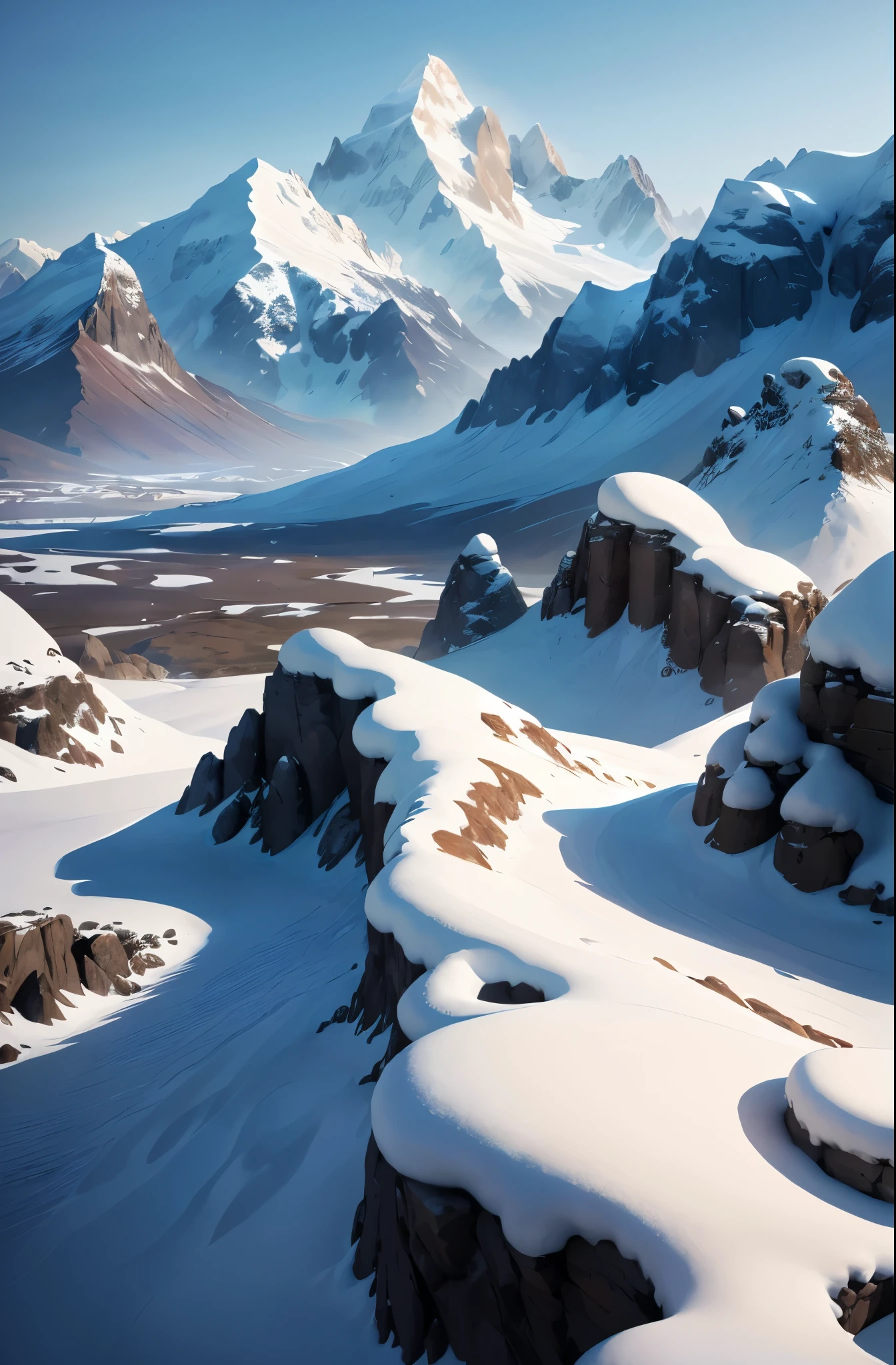 snowy mountains with a few snow covered rocks and a few snow, rolands zilvinskis 3d render art, ryan dyar, marc adamus, beautiful 3 d concept art, 4k highly detailed digital art, highly realistic concept art, majestic snowy mountains, bastien grivet, 8 k high detail concept art, snowy mountains, smooth digital concept art