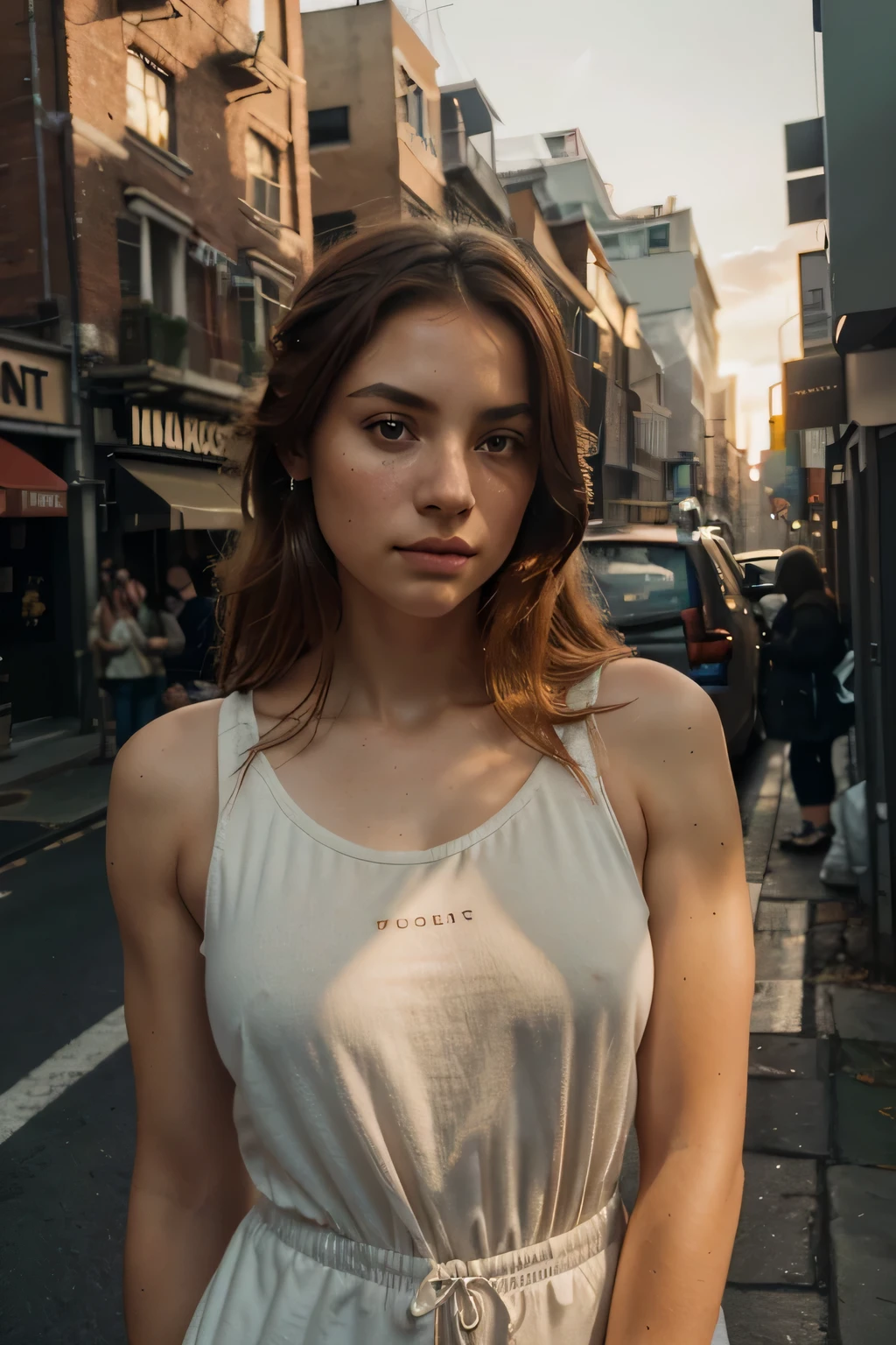 ((Photo of a woman outside, meadow, sunrise)) ((Sport clothes, sporty pose)) (Best quality, Ultra detailed, insane detail, Golden ratio, Masterpiece:1.2), Theatrical lighting:0.7, Perfect rare face, (Highly detailed skin), randomly dyed red hair, (beautiful mesmerizing hazel eyes) (soft natural freckles)  skin texture, Pale skin, shiny skin, (thin, large size:1.2), [:(Sharp focus on rare face, perfect eyes:1.2):0.2], photorealistic, film grain, Focus on face、muted colors, muted warm colors, Photo cinematic portrait of a woman in the car, cinematic, (tilted:1.3)   volumetric dust clouds, key light, backlight, soft natural lighting, photography Film grain ISO 400 30 mm lens RAW f1.8 aperture, highly detailed (analog photography:1), colors hdr, 4k, 8k