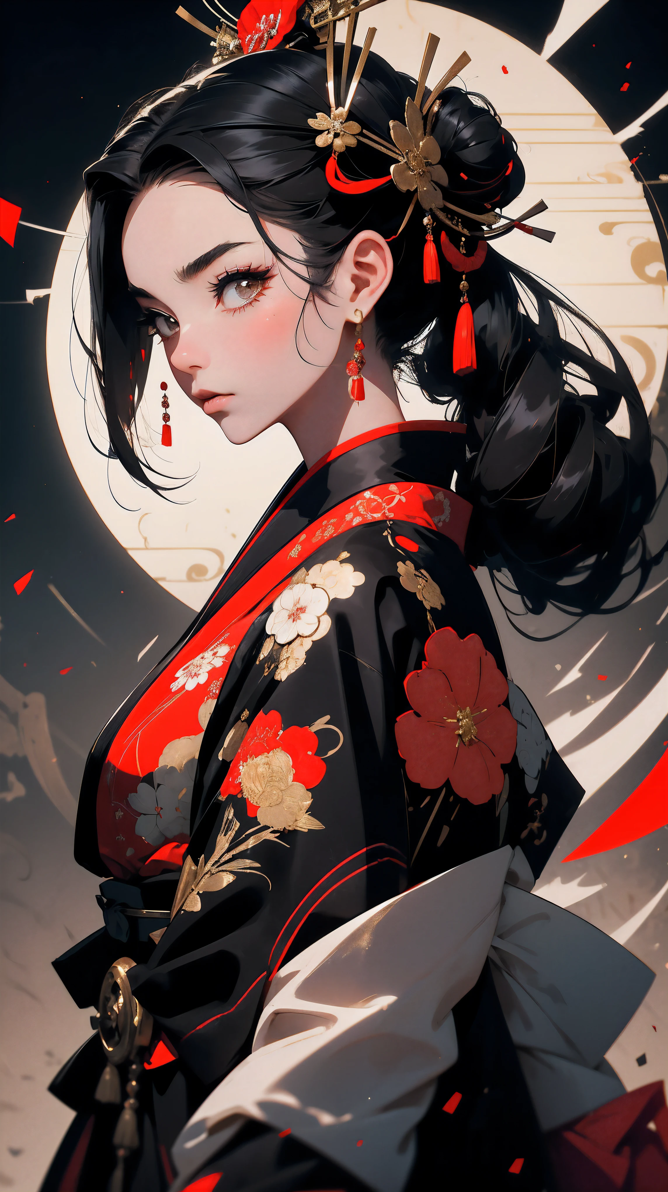 A Japanese Geisha dressed in a traditional samurai black kimono. Long black hair. Her hair is chicly styled, adorned with decorative hairpieces to complement her elegant appearance. She projects an aura of grace, sophistication, and cultural reverence.