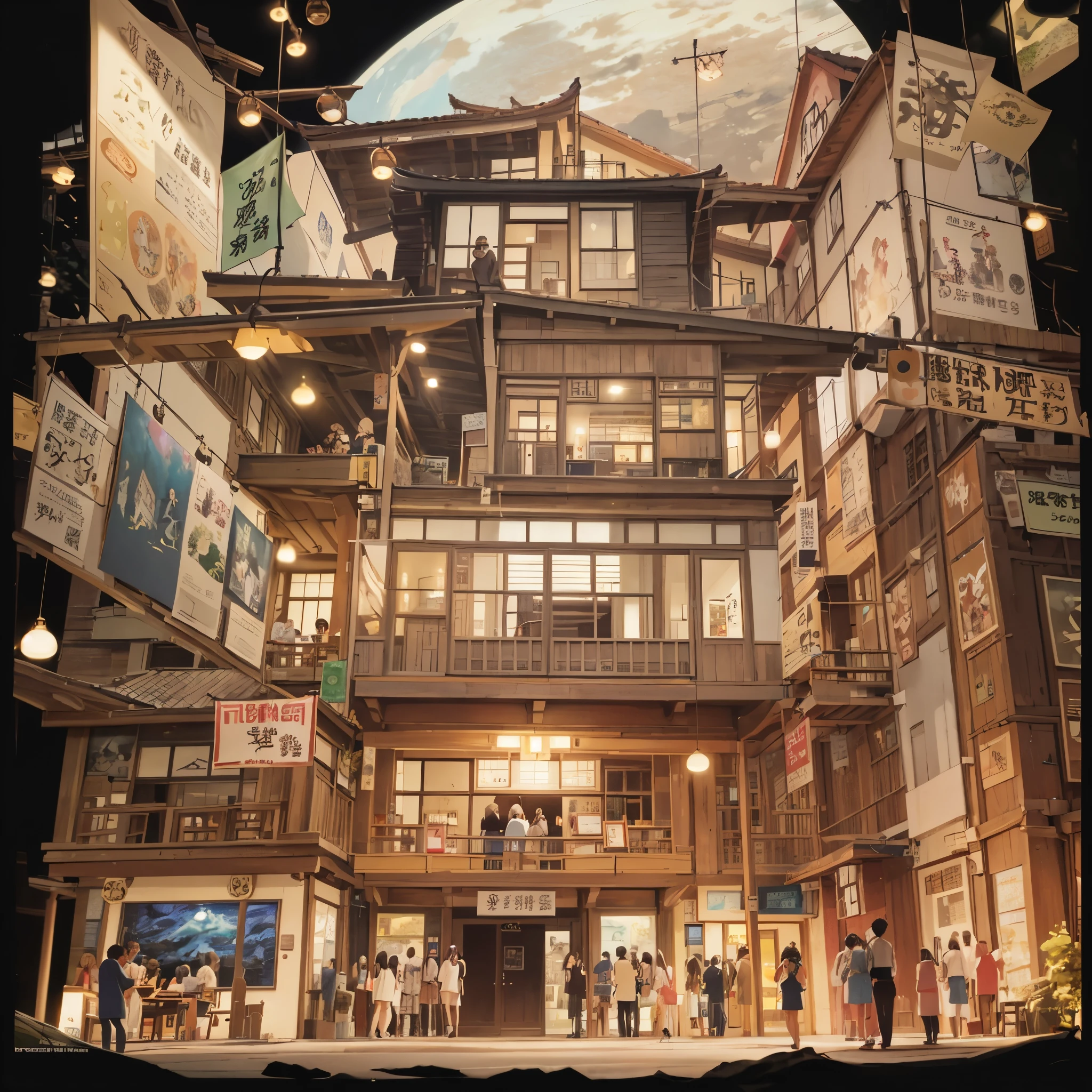 a close up of a building with many people inside of it, studio ghibli. intricate, highly detailed cover art, by Kim Hwan-gi, by Fei Danxu, highly detailed painting of old, studio ghibli scheme, an extremely detailed building, ruan jian, by Yun-Fei Ji, by Yang Borun, kan liu, a beautiful artwork illustration, sachin teng