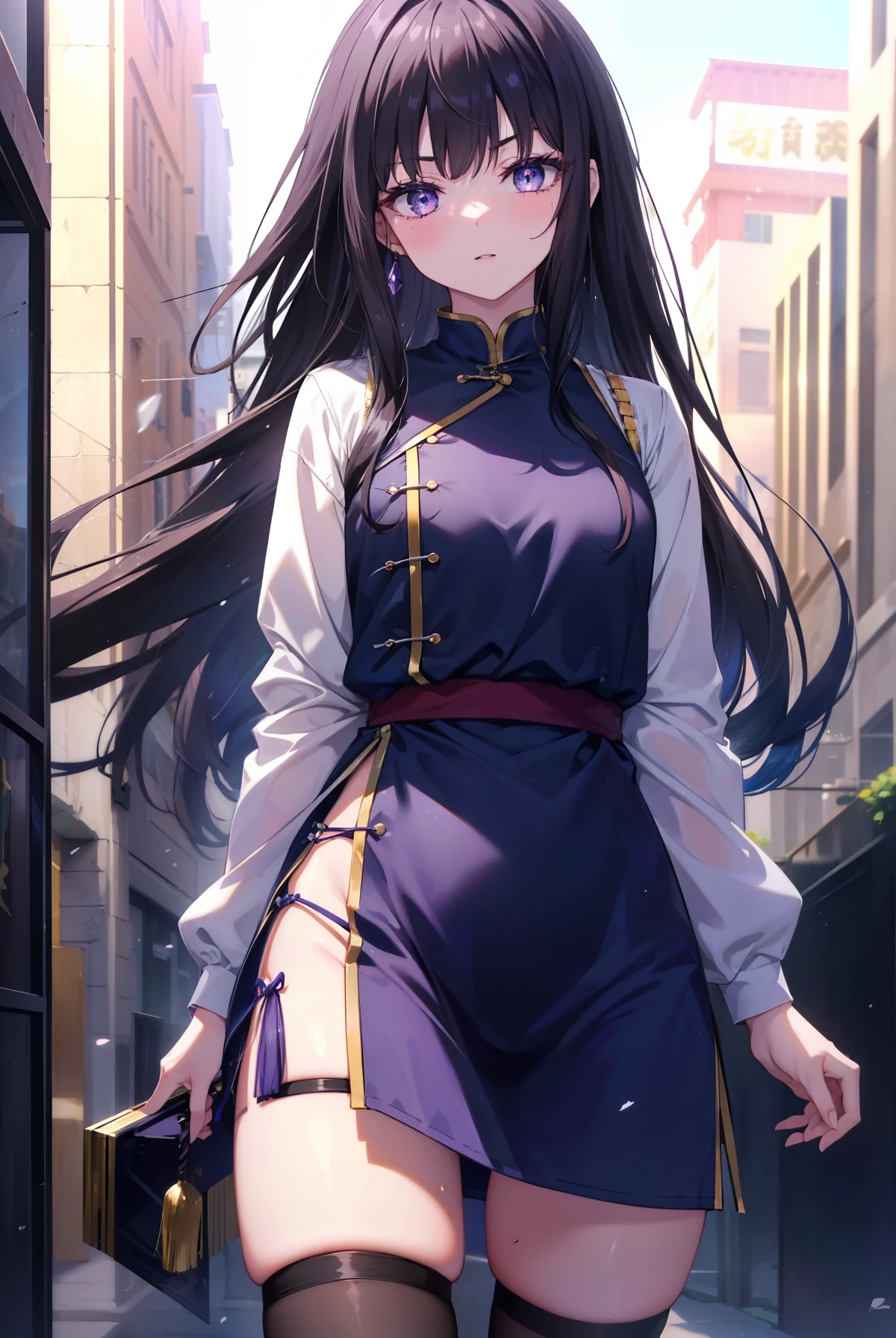 Takiuchi Kame, check it out, long hair, bangs, black hair, (purple eyes:1.2),serious,smile,blush,open your mouth,blue cheongsam,blue china slit,black pantyhose,stiletto heels,
break oudoors, In town、路地裏
break looking at viewer, (cowboy shot:1.5),
break (masterpiece:1.2), highest quality, High resolution, unity 8k wallpaper, (figure:0.8), (detailed and beautiful eyes:1.6), highly detailed face, perfect lighting, Very detailed CG, (perfect hands, perfect anatomy),