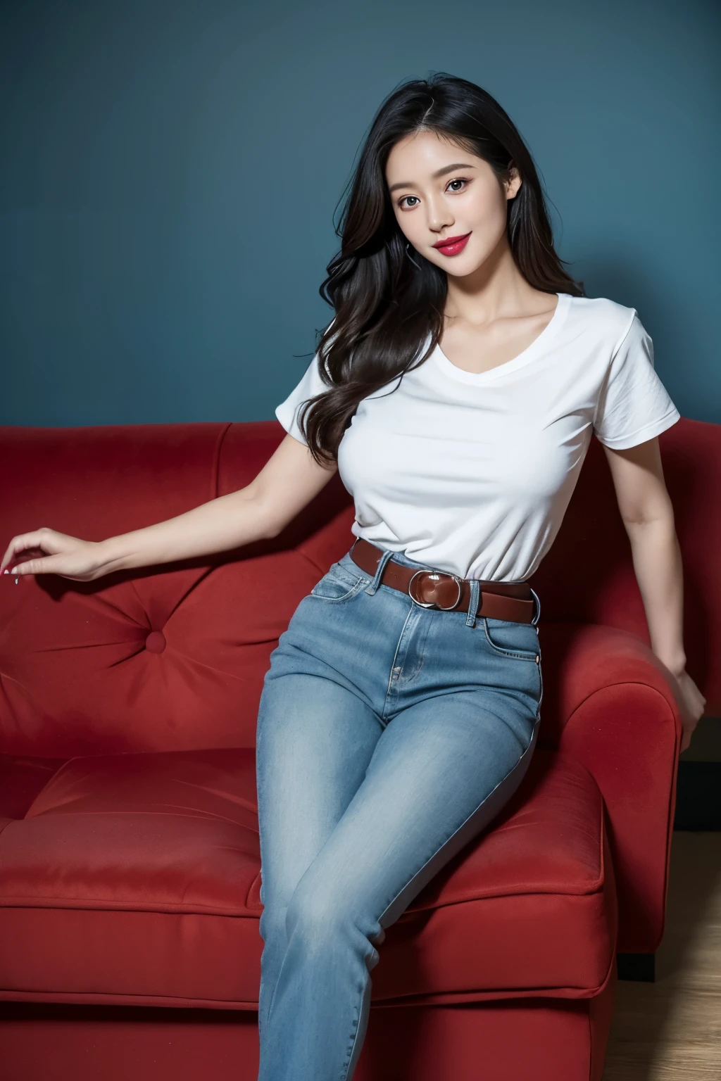 Draw lips correctly, red lipstick, from chest up, best quality, Super detailed, lifelike, Super fine skin, perfect anatomy, (1 日本Mature的女人), (alone),Wear a red crew neck shirt,short sleeves,blue jeans,black belt,wavy long hair,37-year-old female,Mature,charming smile,indoor background:Luxurious large sofa、flower,stand,Leg length,Chubby,Big breasts,stand up,full-body shot