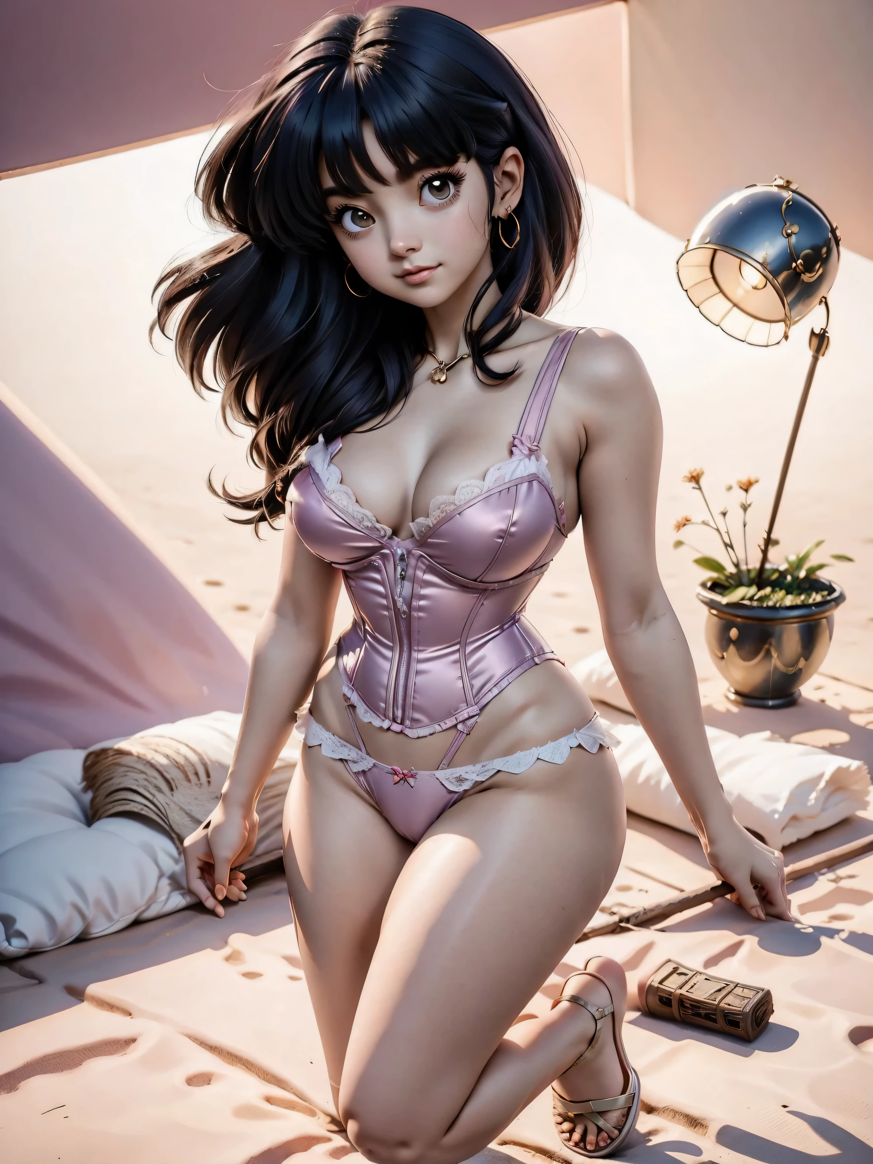 Dark-haired anime girl in pink swimsuit and corset, , corpo bonito, seios grandes, com hand in panties , hand in hair, Garota sensual, purple cabelo, mechas de cabelo laterais, mechas de cabelo na lateral do rosto, beautiful lighting, sombras suaves, olhos azuis, pernas bonitas, cabelo curto, estilo anime, personagem Akane Tendo, Autora Rumiko Takahashi, Baseado em obra de Rumiko Takahashi, Anime Ranma 1/ 2, decote sensual, quadril robusto, corpo inteiro, corpo inteiro, busto grande, garota jovem com corpo belo e bonito, sandals on his feet, garota 16 anos usando maiô e corset pink, garota anime, estilo anime, beautiful feet in sandals, 45° viewing angle, ao ar livre, peito grande, seios bonitos, cabelo preto, sandals on the feet, pernas bonitas, sensual, belas pernas, Sandalias, seios grandes, corpo completo, corpo inteiro, feet with sandals, anime realista, saia, sarja roxa, personagem realista sensual, postura reta, ao ar livre, calcinha pink, hand in panties, hand in panties, seios grandes, sorrindo