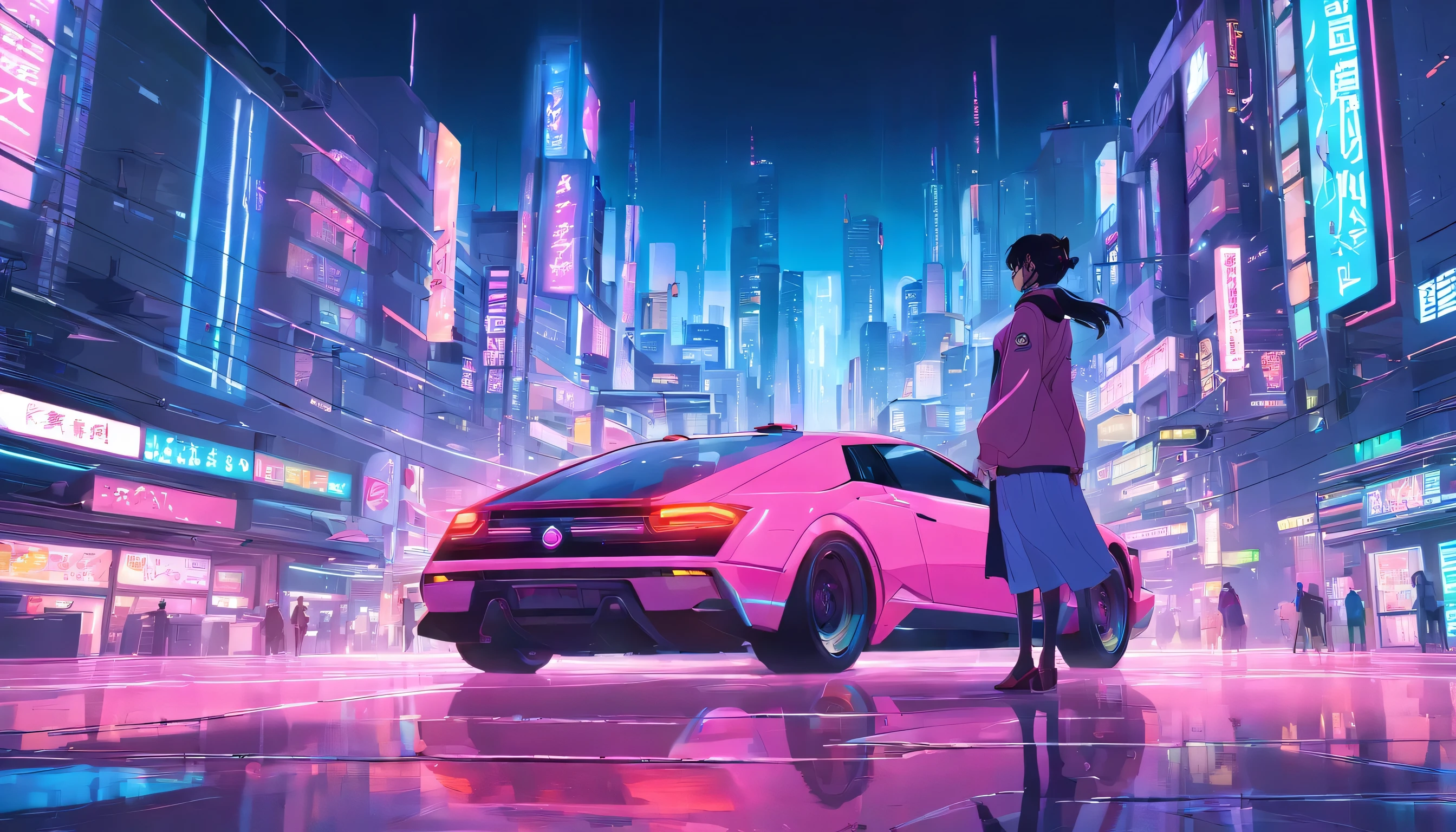 Vast cyberpunk landscape, takes place in South Korea.,There are flying cars and neon lights.., In shades of pink, blue and red, Strive for《Blade Runner》Big breasts and big breasts《Ghost in armor》style