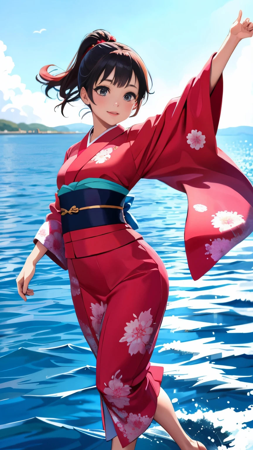 A beautiful girl dancer wearing a Japan kimono and dancing on the surface of the sea