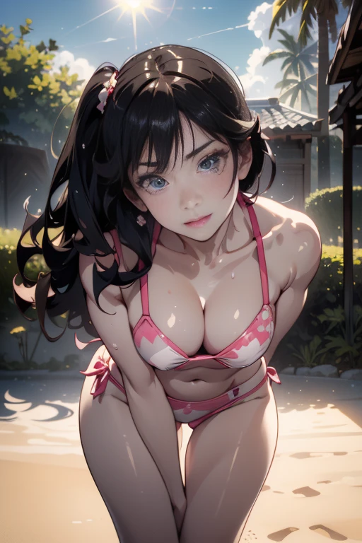 (masterpiece:1.2, best quality), (finely detailed beautiful eyes: 1.2), ((1girl)), ((solo)), (finely detailed eyes and detailed face:1.3), (scenery:1.2), (extremely detailed CG, ultra-detailed, best shadow:1.1), ((depth of field)), beautiful concept illustration, (illustration:1.1), (extremely fine and beautiful:1.1), (perfect details:1.1), sexy genital pose gesture、cheeky pose、(putting fingertips on lips),(with sparkling eyes and a contagious smile),((undressing in front of an viewer, erotically standing on knee, capturing the moment when her clothes are lowered and she caresses herself, caressing breast or erotically licking her finger, while caresiing cute eyes, open mouth or parted lips)) White skin that emphasizes transparency, crisp eye makeup, ruddy blush, thick natural parallel eyebrows, Light brown hair, long hair, soft curly hair, smile, wet skin, sweat, Floral bikini swimsuit, o-ring bikini, beautiful sky, beautiful sea, cloud, sun light, sitting, summer, beach, lens flare, shining, aureole mesmerizing eyes, luscious lips, shadowplay emphasizing beauty, artistic composition. (best quality, highres, masterpiece:1.2), ultra-detailed, (realistic:1.37) illustration, erotic style, soft lighting, sweat glistening on her body, gentle warmth, dark and mysterious, small breast,narrow waist,(with sparkling eyes and a contagious smile),her thin pubic hair, Realistic,((big breasts:0.9)),(((sports gym:1.2))),cleavage , (get sweaty), looking at viewer, 