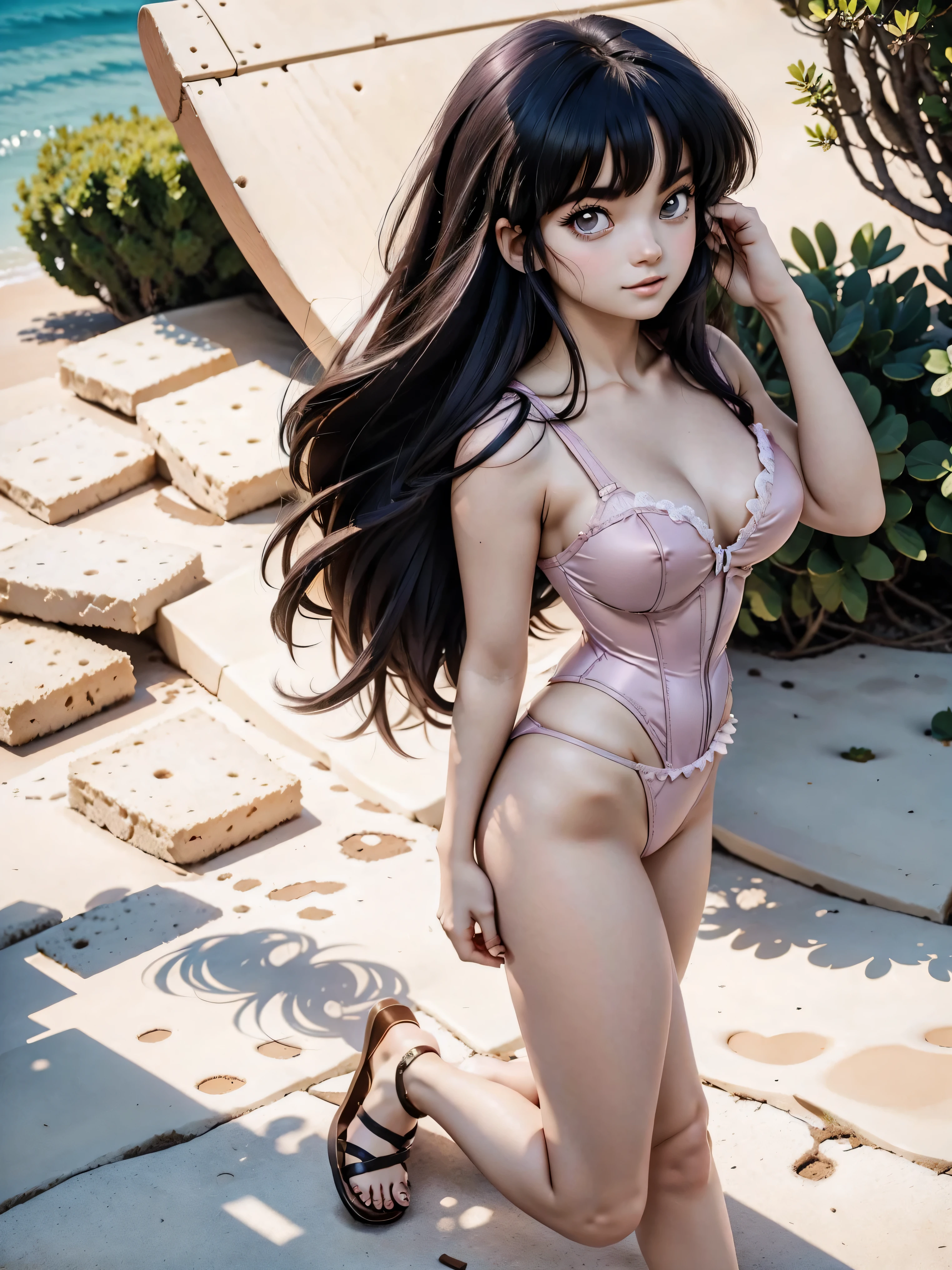 Dark-haired anime girl in pink swimsuit and corset, 16 anos, corpo bonito, seios grandes, com hand in panties , hand in hair, Garota sensual, purple cabelo, mechas de cabelo laterais, mechas de cabelo na lateral do rosto, beautiful lighting, sombras suaves, olhos azuis, pernas bonitas, cabelo curto, estilo anime, personagem Akane Tendo, Autora Rumiko Takahashi, Baseado em obra de Rumiko Takahashi, Anime Ranma 1/ 2, decote sensual, quadril robusto, corpo inteiro, corpo inteiro, busto grande, garota jovem com corpo belo e bonito, sandals on his feet, garota 16 anos jovem, usando maiô e corset pink, garota anime, estilo anime, beautiful feet in sandals, 45° viewing angle, ao ar livre, peito grande, seios bonitos, cabelo preto, sandals on the feet, pernas bonitas, sensual, belas pernas, Sandalias, seios grandes, corpo completo, corpo inteiro, feet with sandals, anime realista, saia, sarja roxa, personagem realista sensual, postura reta, ao ar livre, calcinha pink, hand in panties, hand in panties, seios grandes, sorrindo