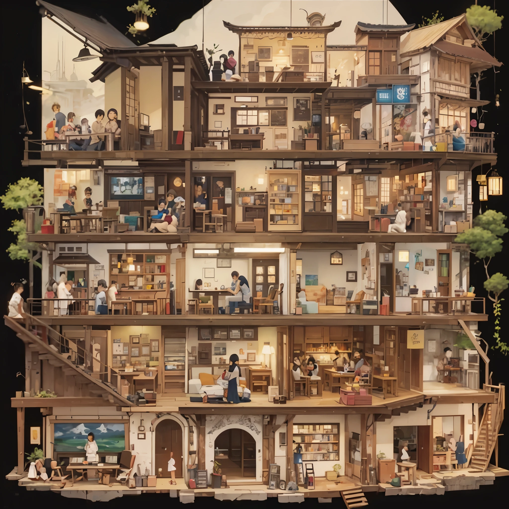 a close up of a building with many people inside of it, studio ghibli. intricate, highly detailed cover art, by Kim Hwan-gi, by Fei Danxu, highly detailed painting of old, studio ghibli scheme, an extremely detailed building, ruan jian, by Yun-Fei Ji, by Yang Borun, kan liu, a beautiful artwork illustration, sachin teng