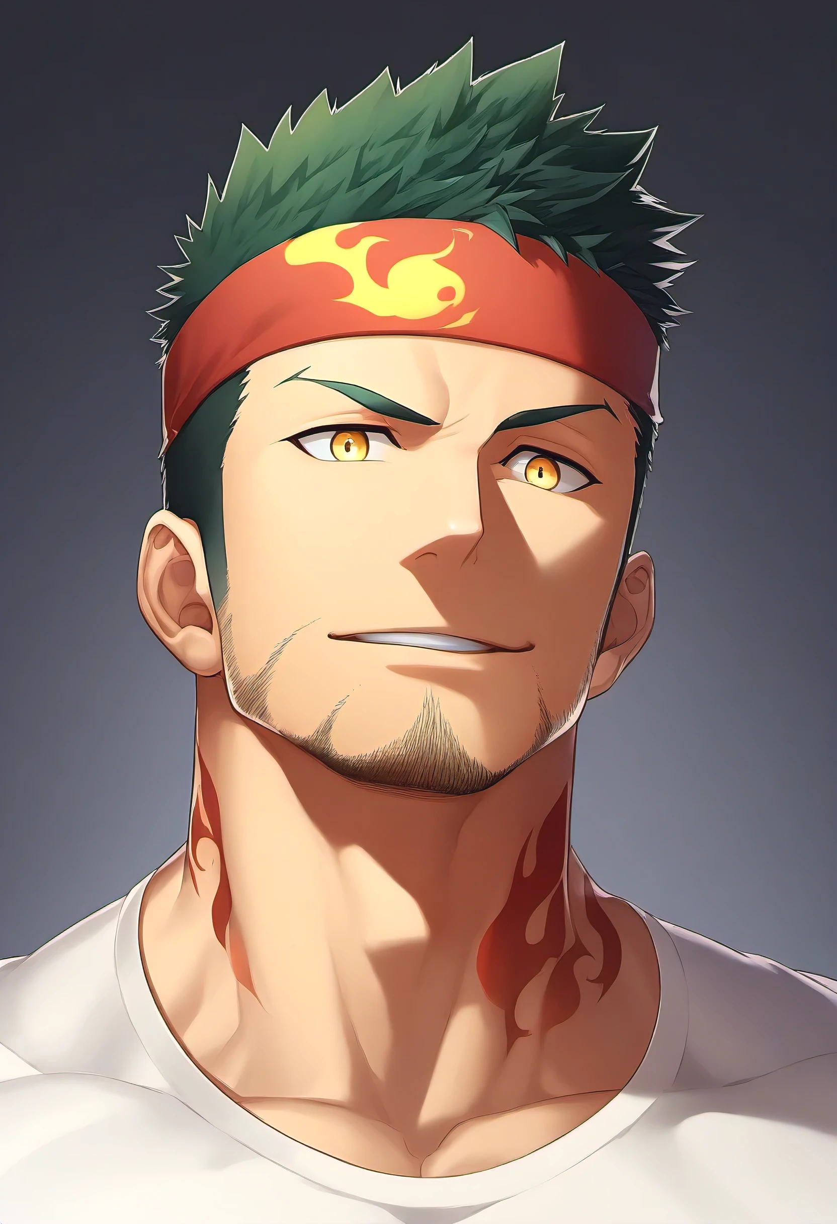 anime characters:Guy, priapus, 1 young muscular man, male focus, Flame tattoo, Sport red headband, Creamy white spandex tight T-shirt, muscular male, muscular, only, Upper body, alone, short black hair, thick eyebrows, stubble, yellow eyes, White background, Simple background, amazing quality, best aesthetics, ridiculous, bright pupils, short hair, naughty face, torogao, open lips, best quality