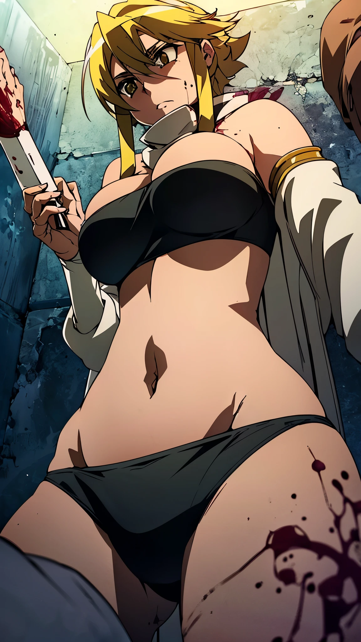 girl defeats man, girl kills man, girl is bullying a man, femdom, queen, girl is separated by blood from man, Blood on the belly, girls has big breasts, giri is curvy, girl is tall, girl has sword with blood, girl cut off head of man, girl exposes belly, shot from below