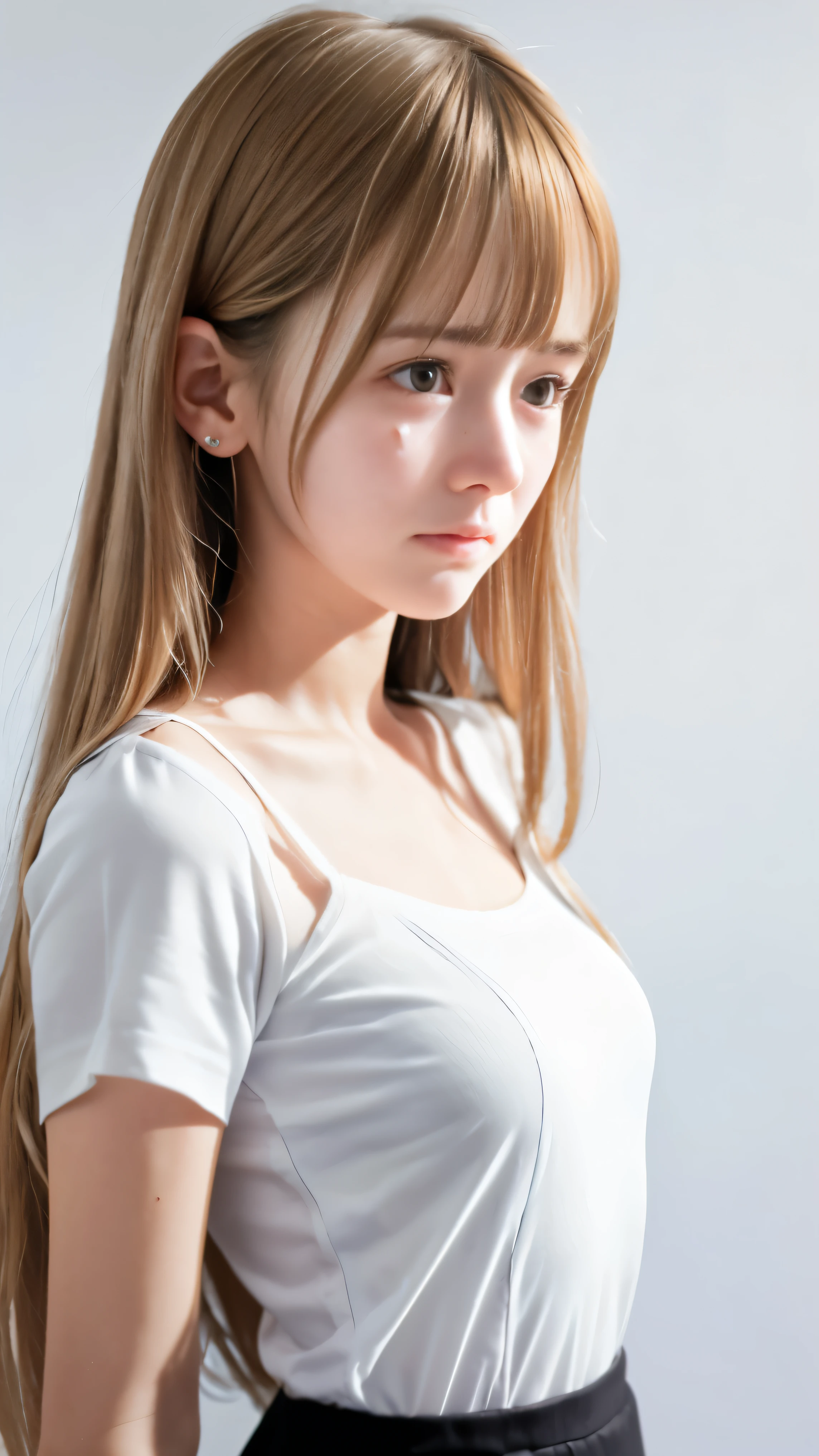 (Dressed in a white shirt and black skirt、Close-up of the face of a slender small-breasted half-up girl with long blonde hair with bangs:1.5)、(A blonde haired girl is crying very much with tears in her eyes:1.5)、(white background:1.5)、(blurred background:1.5)、(perfect anatomy:1.5)、photorealistic stick、Raw photo、table top、highest quality、High resolution、delicate and beautiful、perfect face、delicate and beautiful目元の空気肌、real human skin、((thin legs))
