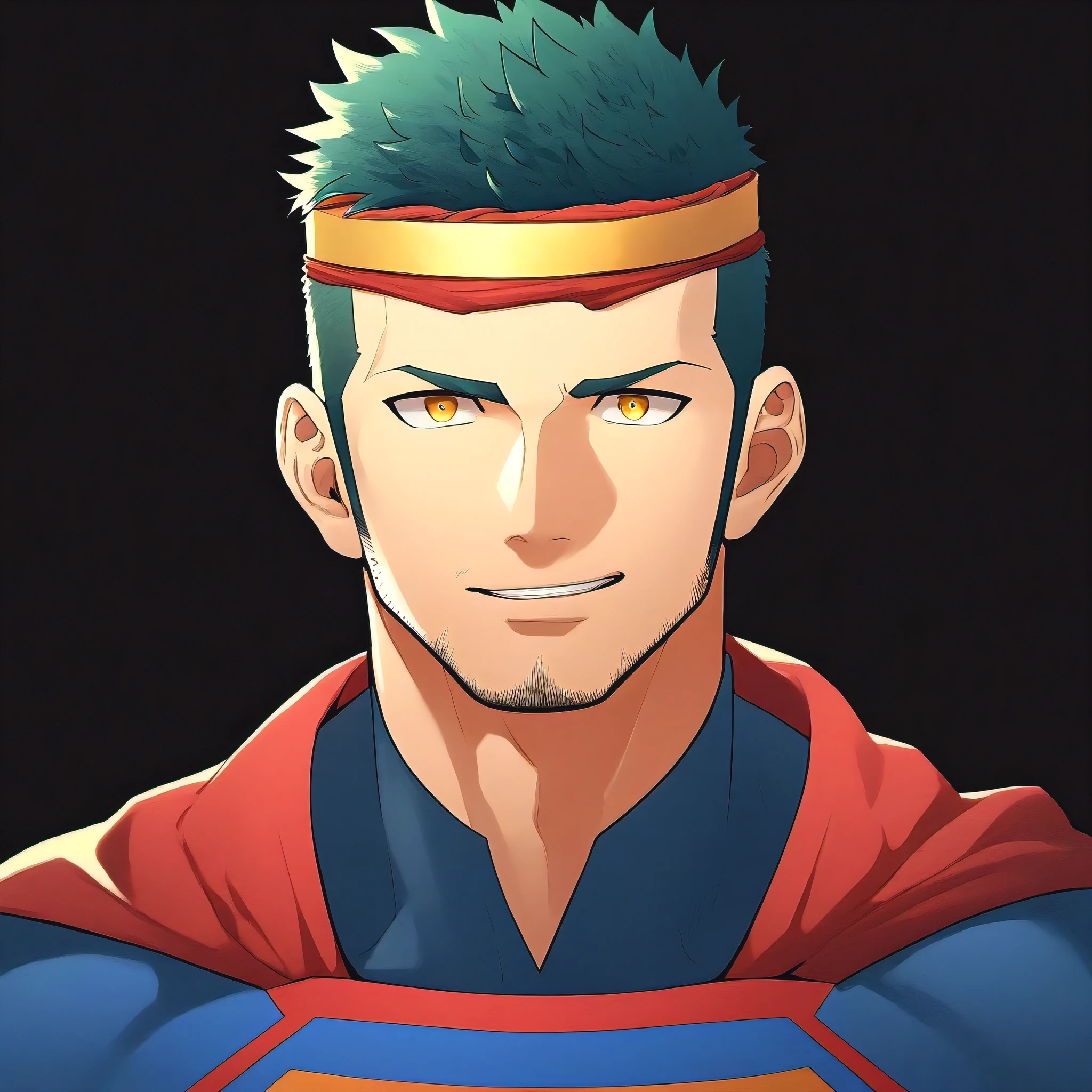 anime characters:Guy, priapus, 1 young muscular man, male focus, Sporty black headband, turtleneck superman tight t-shirt, superman logo, muscular male, muscular, only, Upper body, alone, white short hair, stubble, yellow eyes, blink, black background, Simple background, amazing quality, best aesthetics, ridiculous, bright pupils, short hair, naughty face, torogao, open lips, best quality