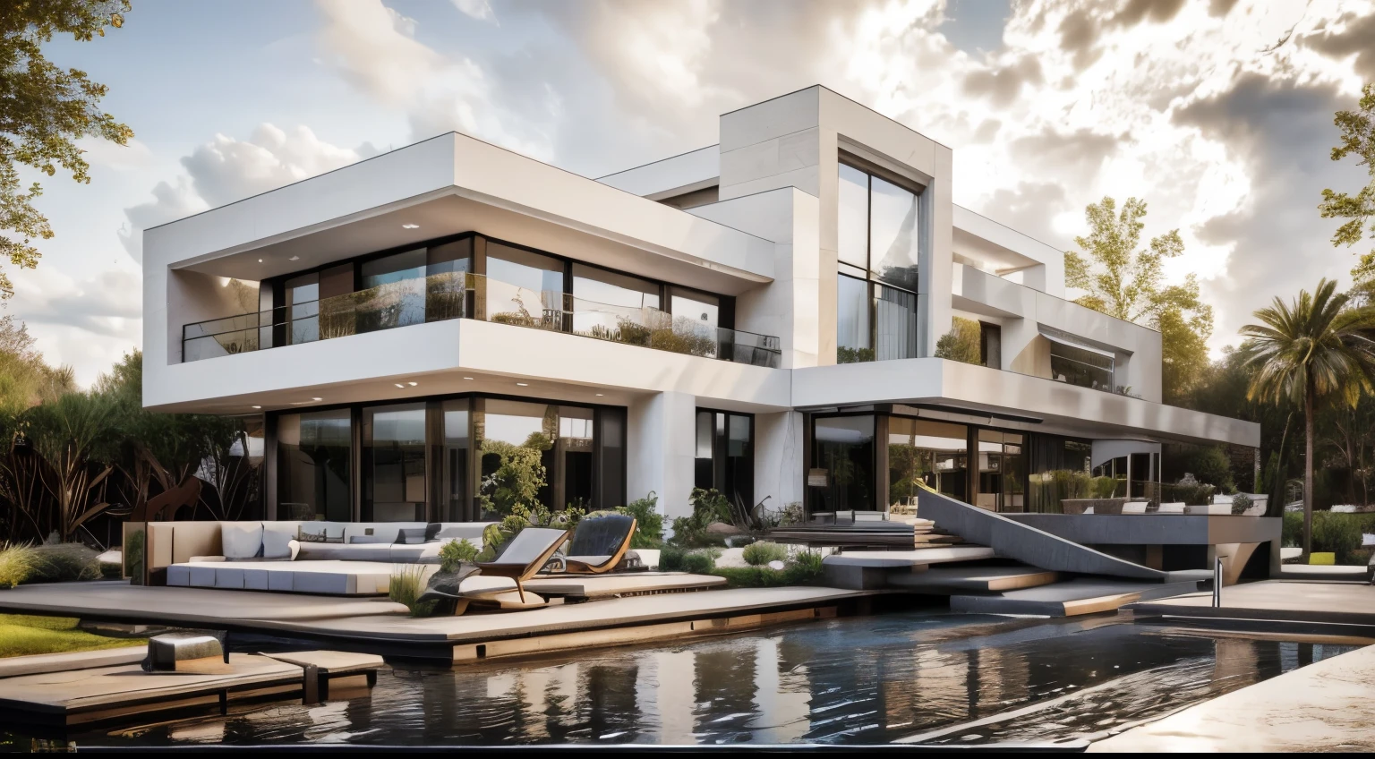 the exterior of the house; garden landscape, a pool with clear water, daytime, realistic, wide angle, (( render vray )), cloudy sky, morning, sunlight, European plants, render, spring light, detailed, modern style, clear image, glasses, high reflection, RAW photo, (high detailed skin:1.2), 8k UHD, DSLR, soft lighting, high quality, film grain, Fujifilm XT3
