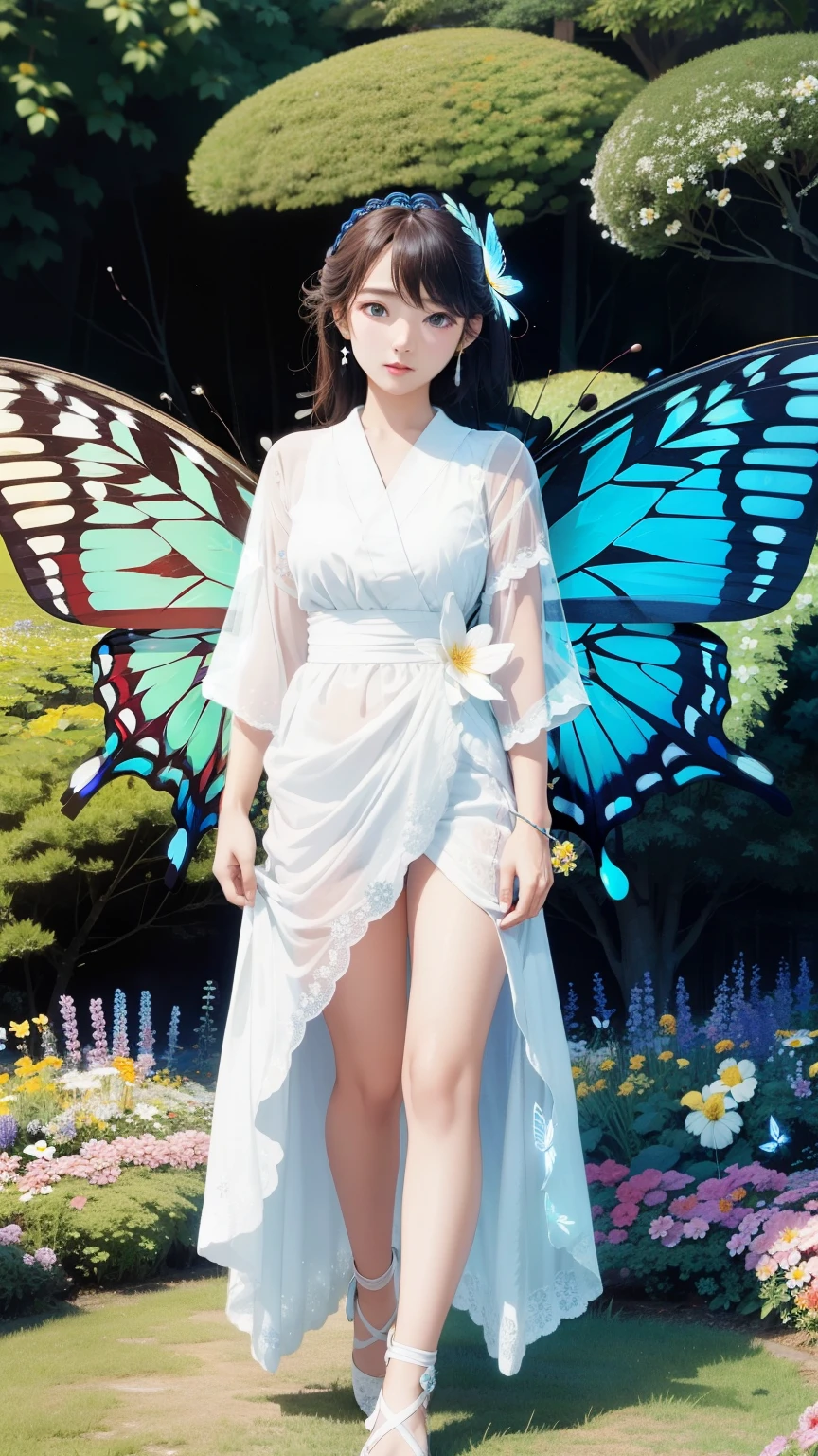 (((Masterpiece))),((top quality)),one beautiful Japanese girl,Pale, (Human and butterfly fused character: 1.5), ((colorful)), (butterfly wings on back: 1.5), (plain clothes), (skin revealing), (wings spread),(antennae)、(The background is a flower garden:1.5).(((from the front:1.5)))、(straight front: 1.5)、white lace dress