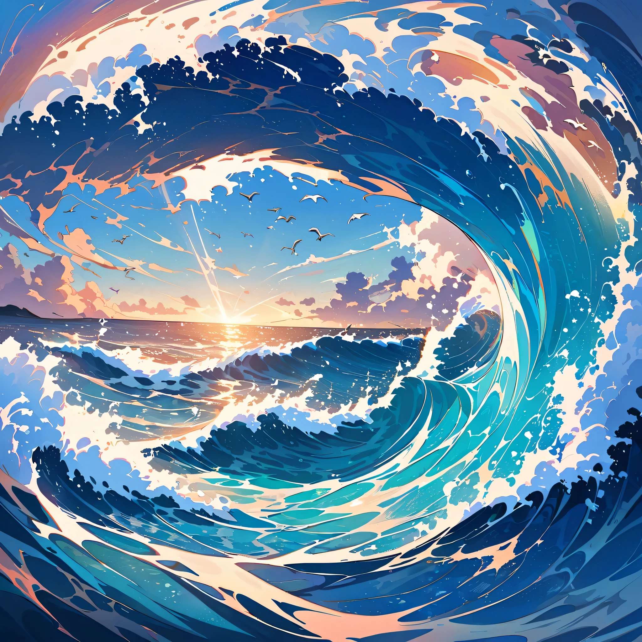 dancing waves,Detailed waves,expressive waves,dragon wave,powerful wave,engulfing waves,wave crash,Huge splash,curly waves,beautiful dark blue,sports and exercise,high-energy,vibrant atmosphere,underwater majesty,roaring tide,majestic water,Seagulls flying,dynamic composition,rippling water,Ripple reflection,ocean current,tranquil horizon,The sun shines on the water and sparkles,subtle ripples,reflection of light on waves,ripple pattern,Translucent waves,Calm in the chaos,life beneath the surface,The ripples gradually fade away,change and fluidity,breeze,rhythmic flow,quiet transformation,The ebb and flow of harmony,Awe-inspiring scene,The tranquility of the seaside,swirling water,mesmerizing rhythm,Smooth and graceful movements,ocean harmony