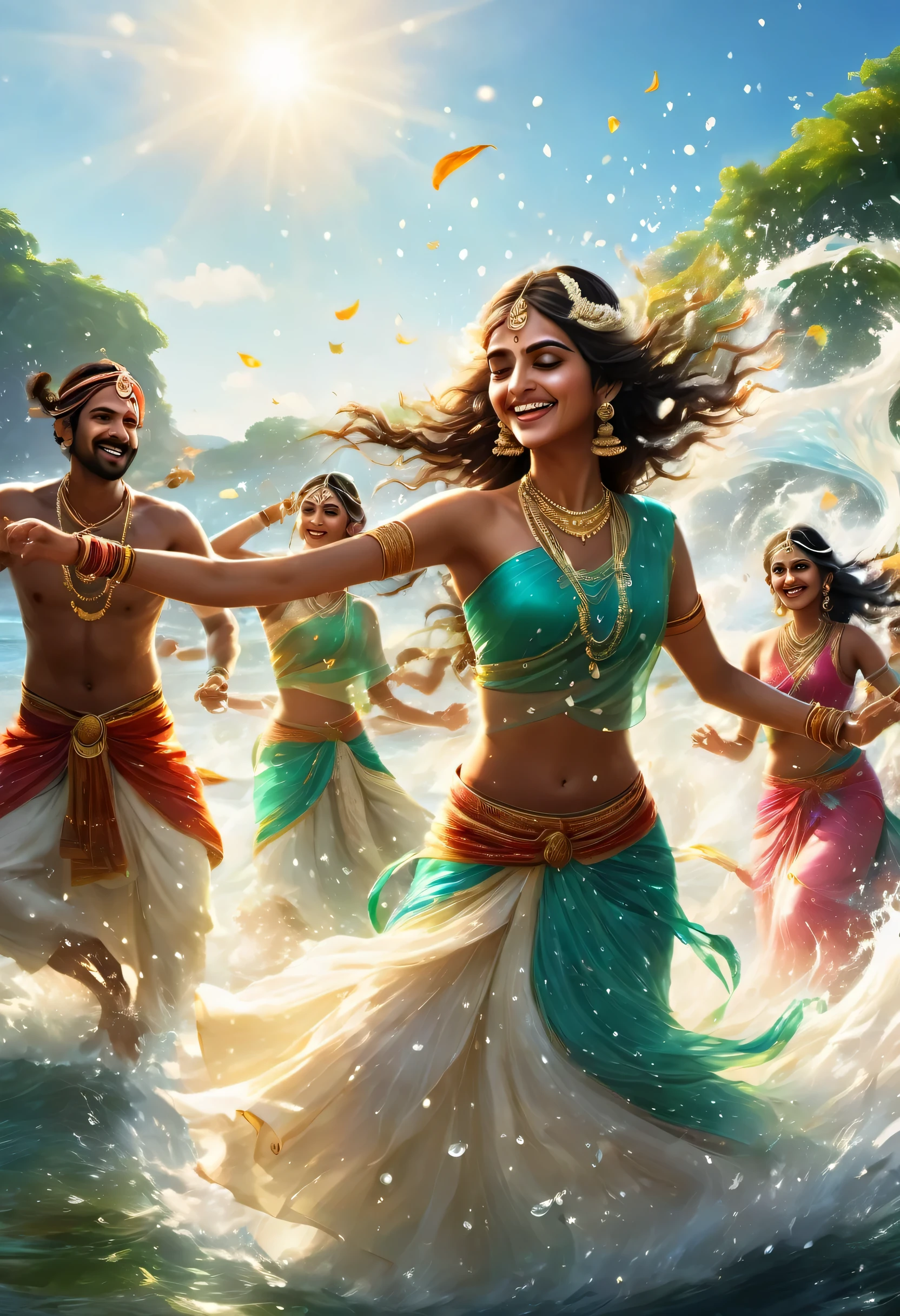 踊るIndian:100 people,indian movie style,sea background,dance in the shallows,splash of water,dancing water droplets,Looks like a lot of fun,A landscape where you can almost hear the music,feel the rhythm,smile,Indian,dance together,Happy,rendering,unreal engine,beautiful light and shadow,Photoreal,realistic texture,flash,Let me'dance together,super exciting scene,intricate details
