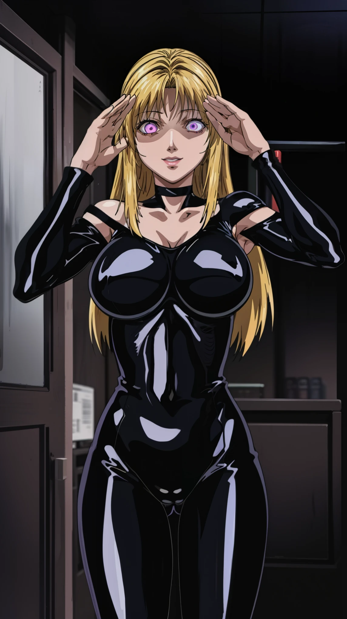 1 girl,NSFW,Kitami Reika, (black bible),blonde, clavicle, absurd, brainwashing,Combatant, empty eyes,((purple glowing eyes 1.5)),  huge breasts , fearless smile,(black latex tight bodysuit),avert your eyes , whole body shape, ((stand up, salute)),(highest quality、4k、8K、High resolution、must have:1.2)、Super detailed、(reality、reality的なです、reality的な:1.37)、ticker、hyper hd、studio lighting、ultra definition paint、sharp focus、Physically based rendering、extreme details、Professional specifications、vibrancy and color、blurry、sports portrait、landscape、horror style、anime big breasts、SF、photograph、concept artist、five fingers, perfect body,  {{{masterpiece}}}, {{{highest quality}}}, {{Super detailed}}, {shape}, {{very delicate and beautiful}},Improved cost performance、all roles、Canon 5D MK4でphotograph、photograph, 