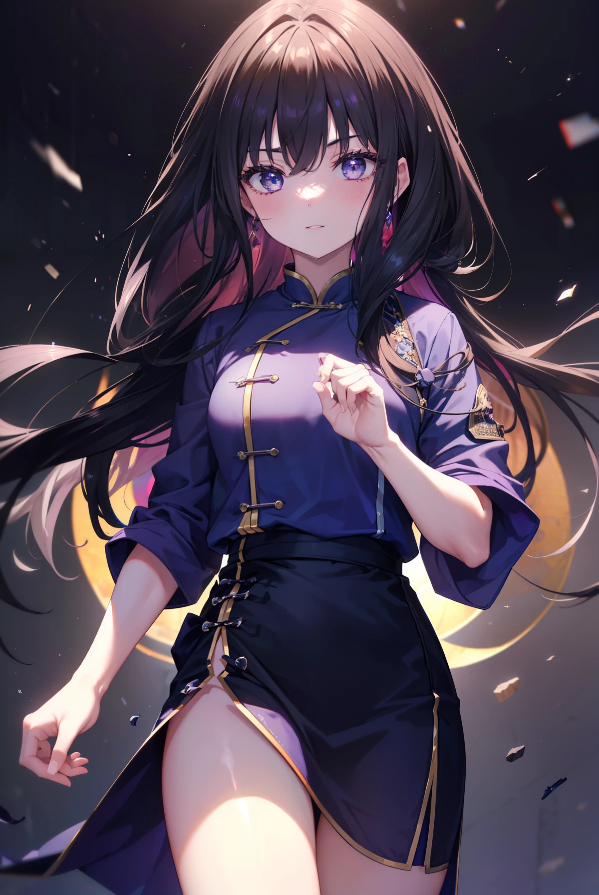 Takiuchi Kame, check it out, long hair, bangs, black hair, (purple eyes:1.2),serious,smile,blush,open your mouth,blue cheongsam,blue china slit,black pantyhose,stiletto heels,
break oudoors, In town、路地裏
break looking at viewer, (cowboy shot:1.5),
break (masterpiece:1.2), highest quality, High resolution, unity 8k wallpaper, (figure:0.8), (detailed and beautiful eyes:1.6), highly detailed face, perfect lighting, Very detailed CG, (perfect hands, perfect anatomy),