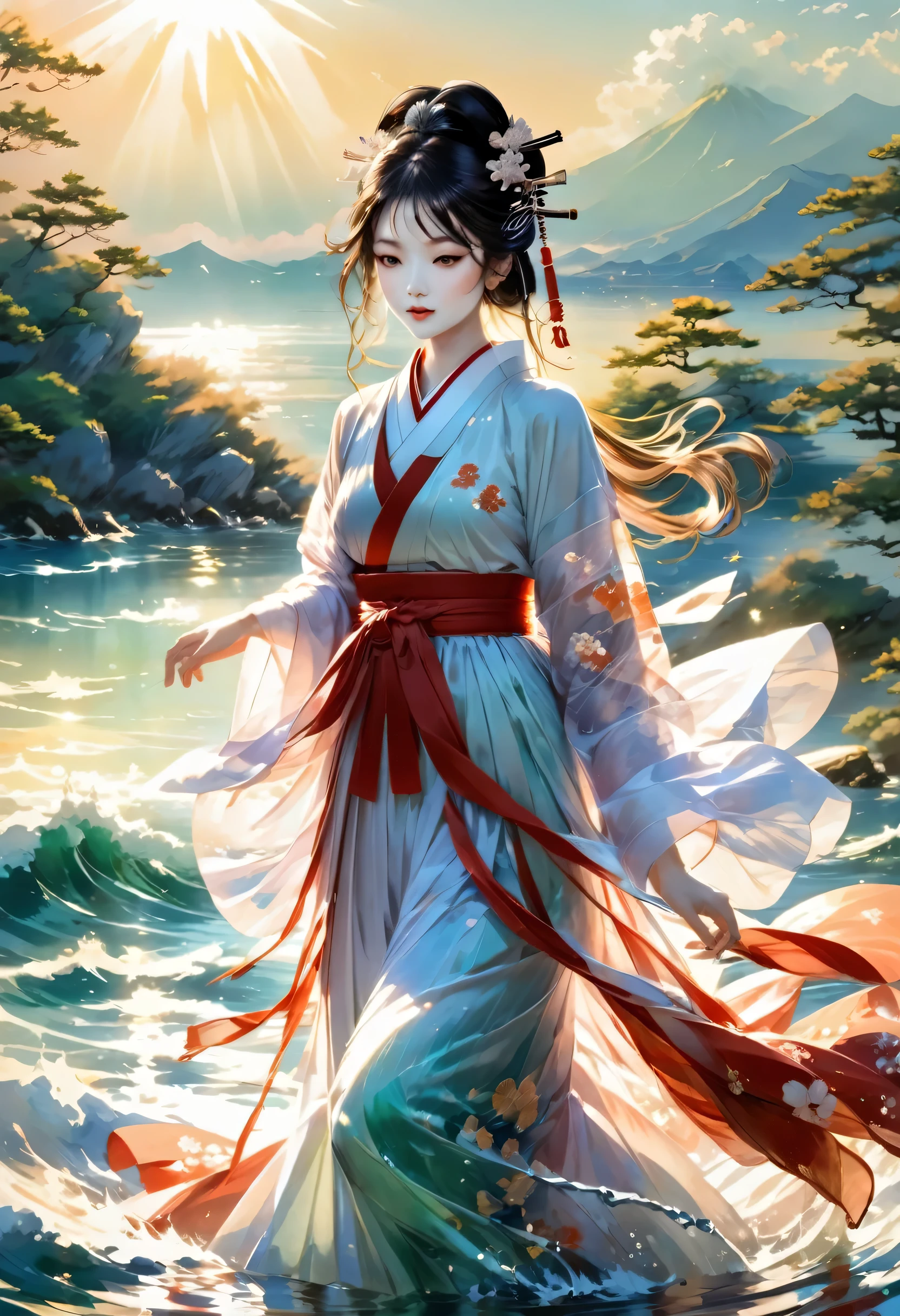 priestess dancing in shallow water:20th generation:Shirabyoshi of the Heian period,priest&#39;clothing:Red too,knife,be quiet,beautiful light and shadow,masterpiece,最高masterpiece,splash of water,beautiful light and shadow,rendering,A scene from a movie,sea background,beautiful scenery,dance on the sea surface,splash of waterが舞う,rich colors,Vibrant colors,beauty,sacred,flash,