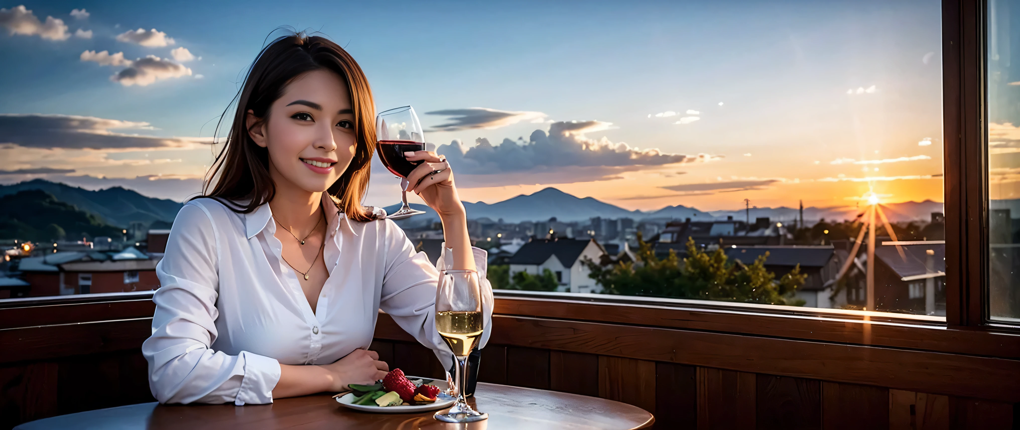 (including 64k, nffsw, highest quality, table top: 1.2), (realistic, photorealistic: 1.37), Spectacular view of the sunset sky and clouds、Amazing mountain views、long sleeve shirt、winter fashion、Columbia、Brazilian、Japanese、Dutch、German、Portuguese、Belgian、Italian、French,Champagne、sparkling wine、 (slimフェイス), (slimボティ), (brown hair), (shortcut), neat beauty、cheeks turn a little red, (35 years old), 38 years old, alone, 窓の外には美しく緻密なnight景が広がります., restaurant, wine glassが座っている, nightに, in a prominent place (from the Upper body) nova frog style, actress, model, Upper body, White wine, slim, wine glass, Super Clean night View, wine glass Put in the Middle, Happy smile, (smile: 1.15), beautiful and detailed eyes, Upper body, bust japan up, night, short, short, actress, model, Upper body, White wine, slim, wine glass, Super Clean night View, wine glass Put in the Middle, Happy smile,