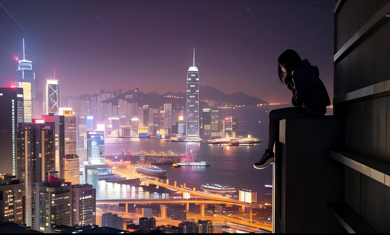 woman sitting on a ledge overlooking a city at night, overlooking a modern city, sitting on a skyscraper rooftop, looking at the city, looking over city, perched on a skyscraper, vibrant neon lights and big screens in the background, flying cars seen in the distance, looming over a city, city views, high quality upload, imagine hong kong year 2225, city in the background