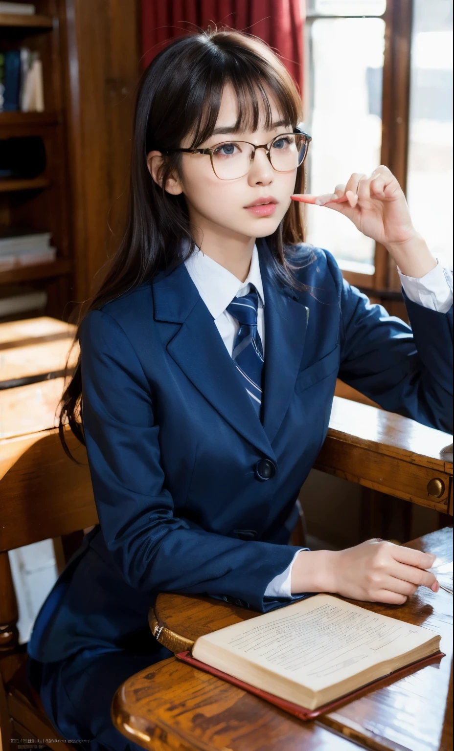 Ulchan-6500-v1.1, (Raw photo:1.2), (realistic:1.4), beautiful detailed girl, very detailed eyes and face, detailed and beautiful eyes, absurd, incredibly ridiculous, huge file size, Super detailed, High resolution, very detailed, highest quality, masterpiece, figure, very detailed, cg, unity, 8k wallpaper, wonderful, small details, masterpiece, highest quality, very detailed cg uniform 8k wallpaper, face light, movie lighting, 1 girl, 16 years old, (with glasses), ((dynamic pose)), (pantyhose and legs)),school uniform、青色ブレザーの、背景はfigure書室、Sitting and reading a book